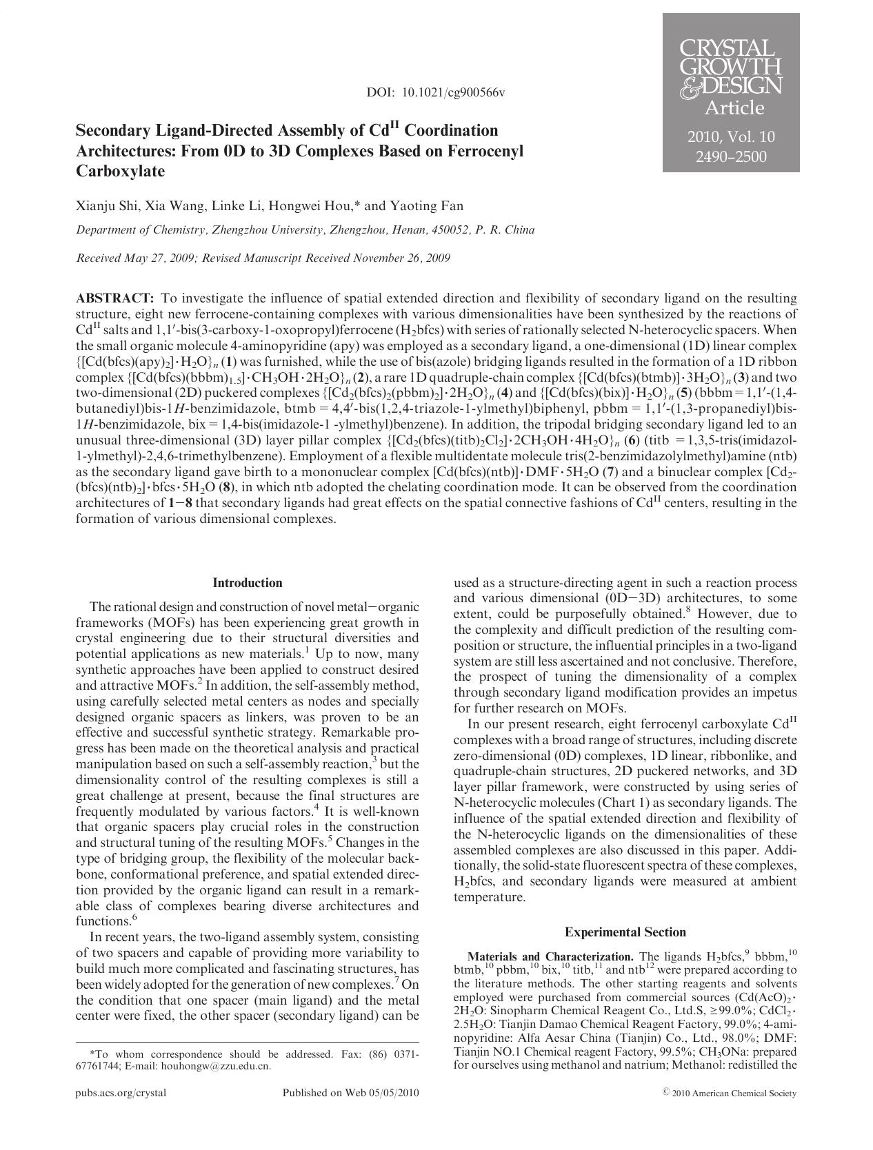 Secondary Ligand-Directed Assembly of Cd<sup>II<sup> Coordination Architectures: From 0D to 3D Complexes Based on Ferrocenyl Carboxylate by Unknown