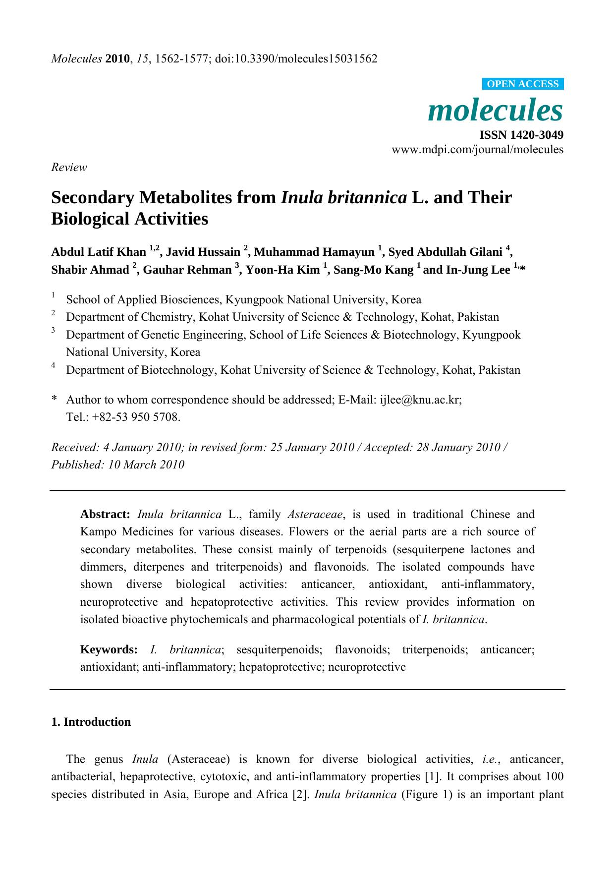 Secondary Metabolites from Inula britannica L. and Their Biological Activities by unknow