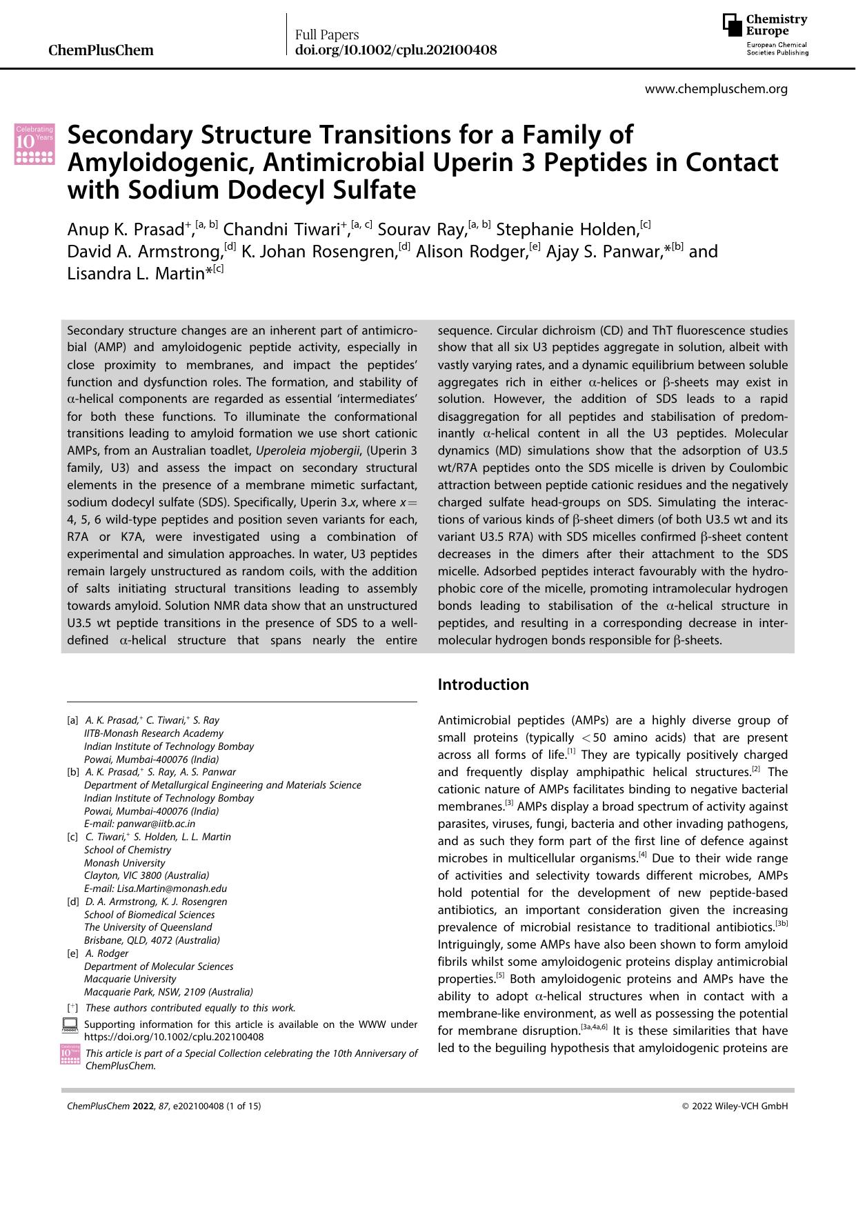 Secondary Structure Transitions for a Family of Amyloidogenic, Antimicrobial Uperin 3 Peptides in Contact with Sodium Dodecyl Sulfate by Unknown