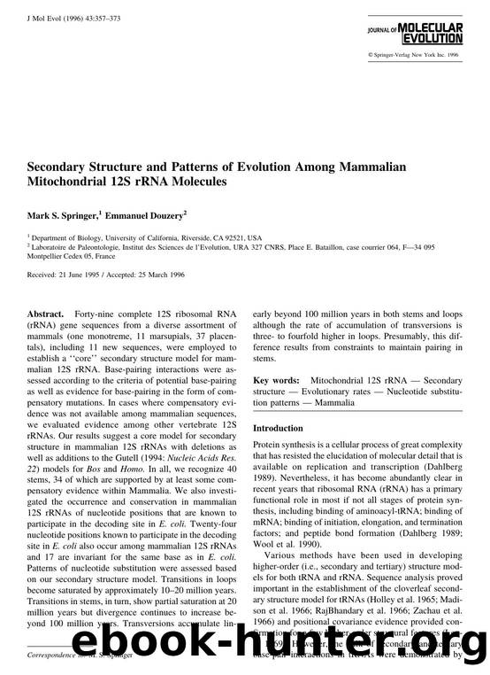 Secondary Structure and Patterns of Evolution Among Mammalian Mitochondrial 12S rRNA Molecules by Springer M. et al