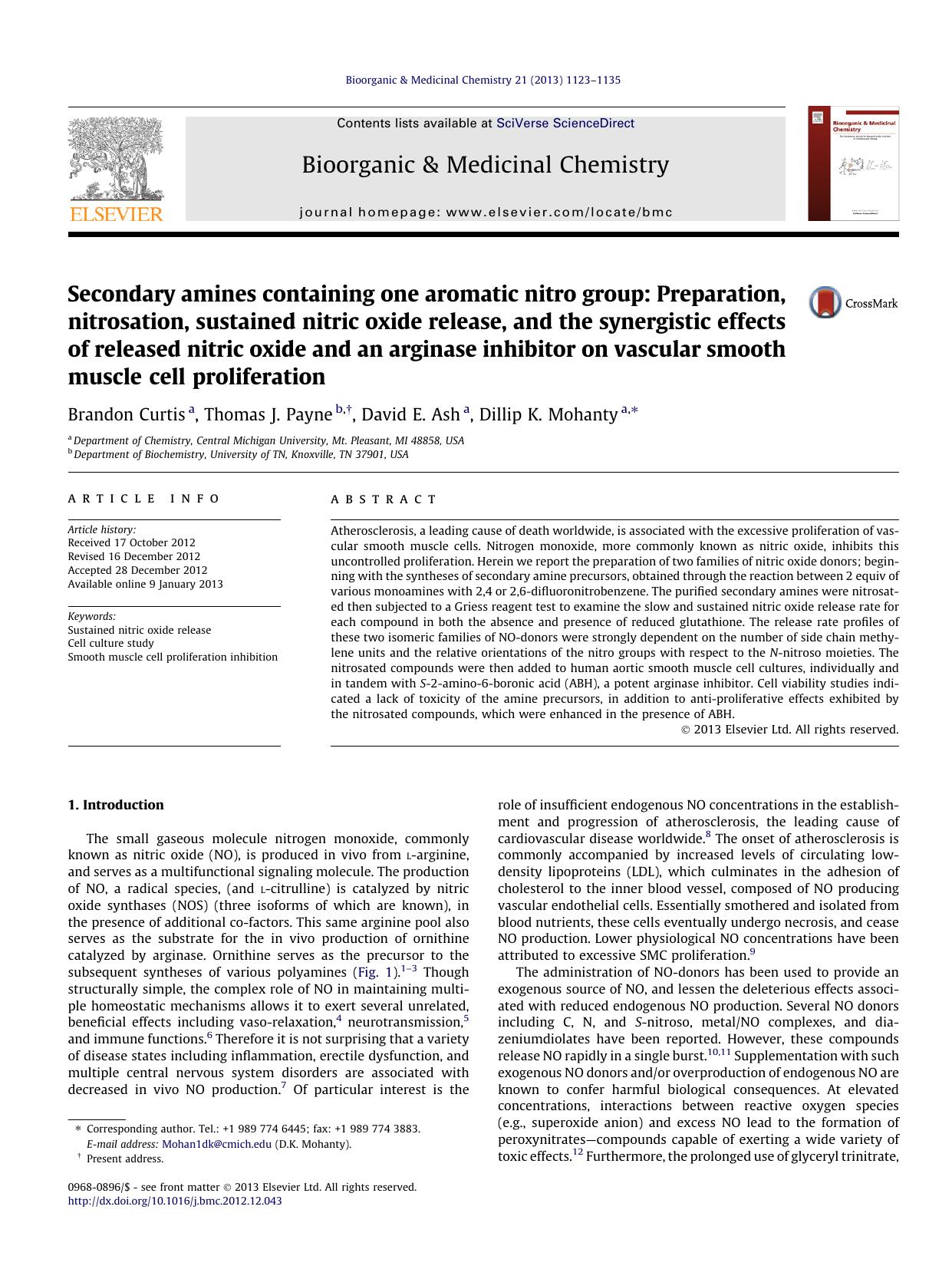 Secondary amines containing one aromatic nitro group: Preparation, nitrosation, sustained nitric oxide release, and the synergistic effects of released nitric oxide and an arginase by Brandon Curtis & Thomas J. Payne & David E. Ash & Dillip K. Mohanty