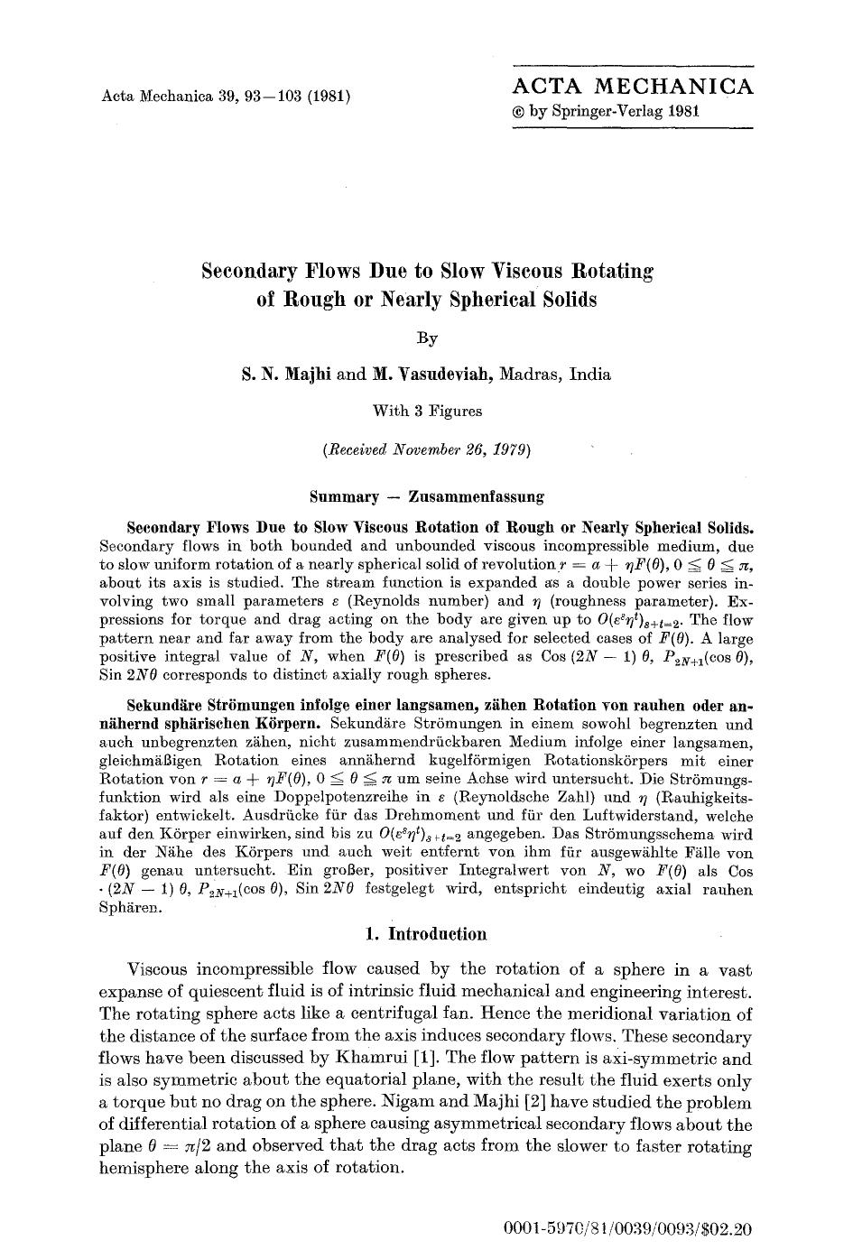 Secondary flows due to slow viscous rotating of rough or nearly spherical solids by Unknown