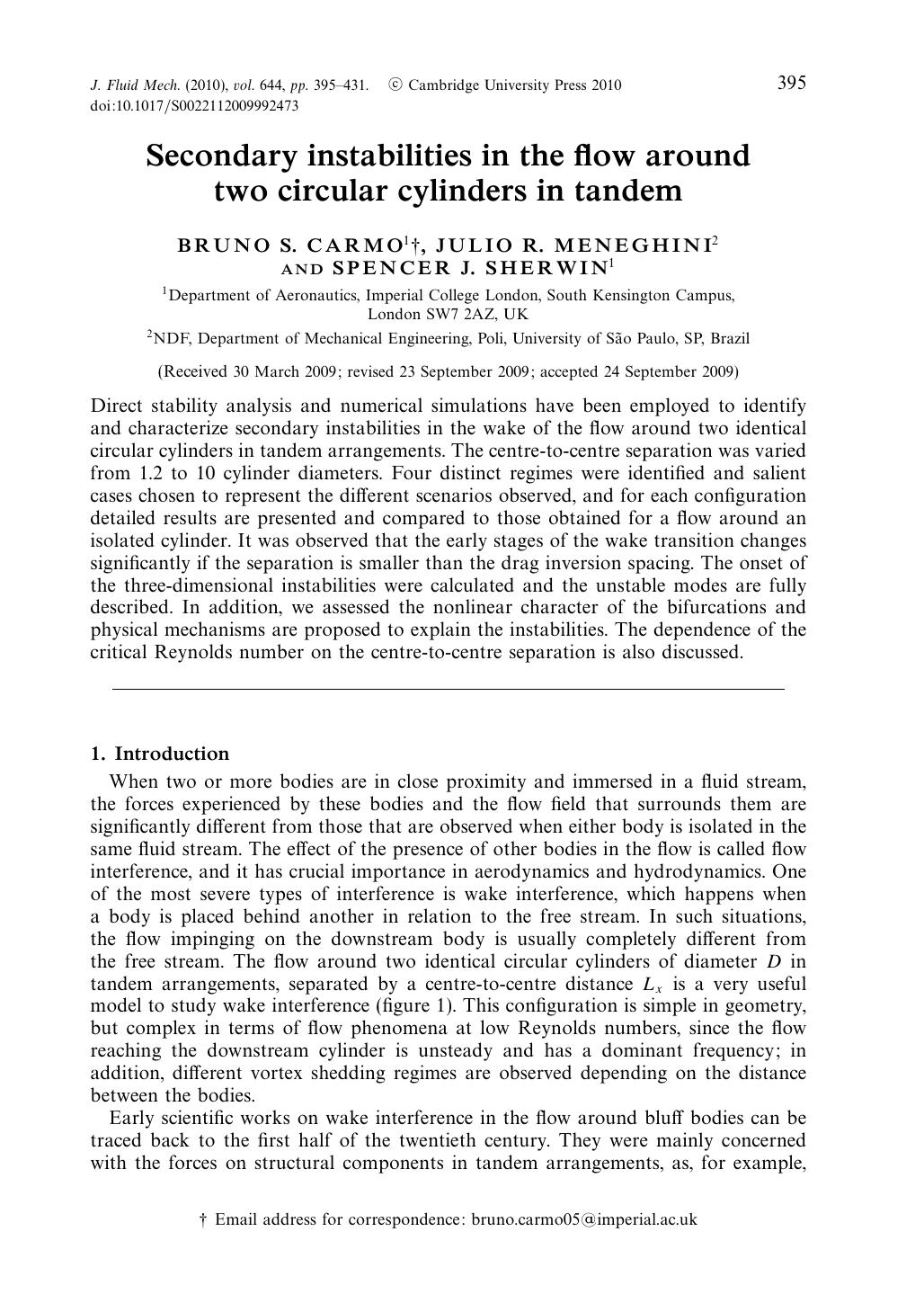 Secondary instabilities in the flow around two circular cylinders in tandem by BRUNO S. CARMO JULIO R. MENEGHINI SPENCER J. SHERWIN