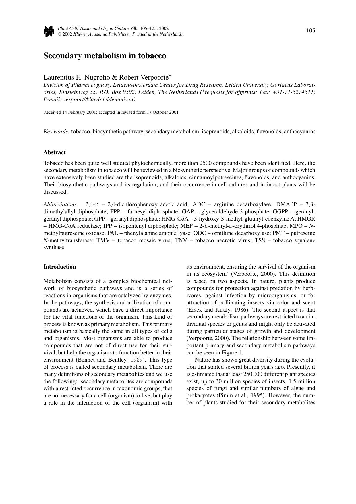 Secondary metabolism in tobacco by Unknown