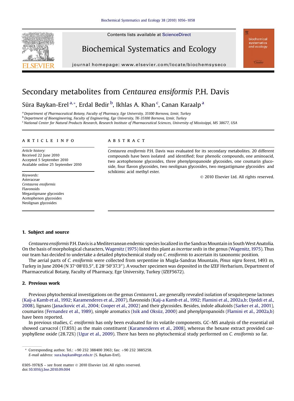 Secondary metabolites from Centaurea ensiformis P.H. Davis by Süra Baykan-Erel & Erdal Bedir & Ikhlas A. Khan & Canan Karaalp