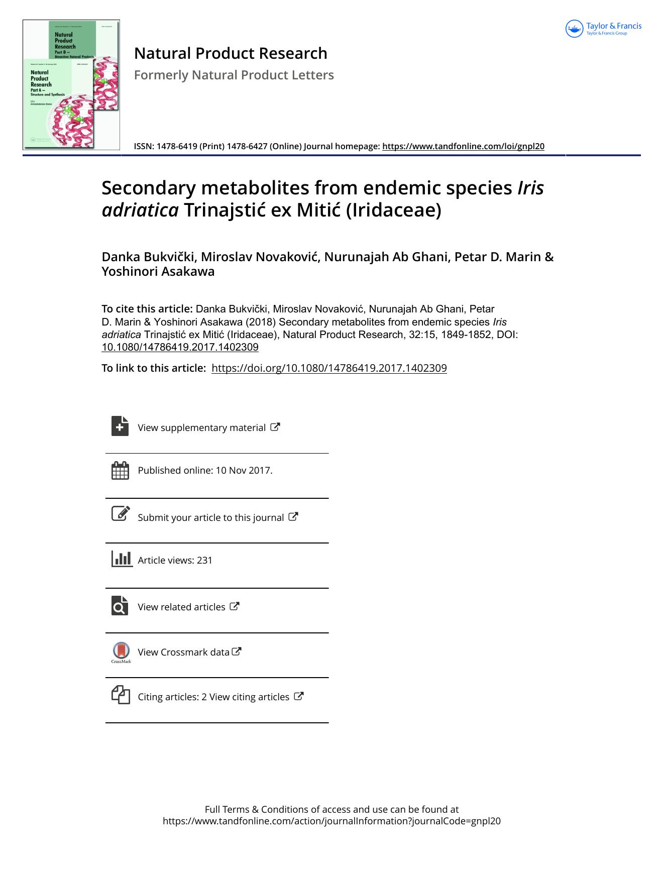 Secondary metabolites from endemic species Iris adriatica TrinajstiÄ ex MitiÄ (Iridaceae) by Danka Bukvički & Miroslav Novaković & Nurunajah Ab Ghani & Petar D. Marin & Yoshinori Asakawa