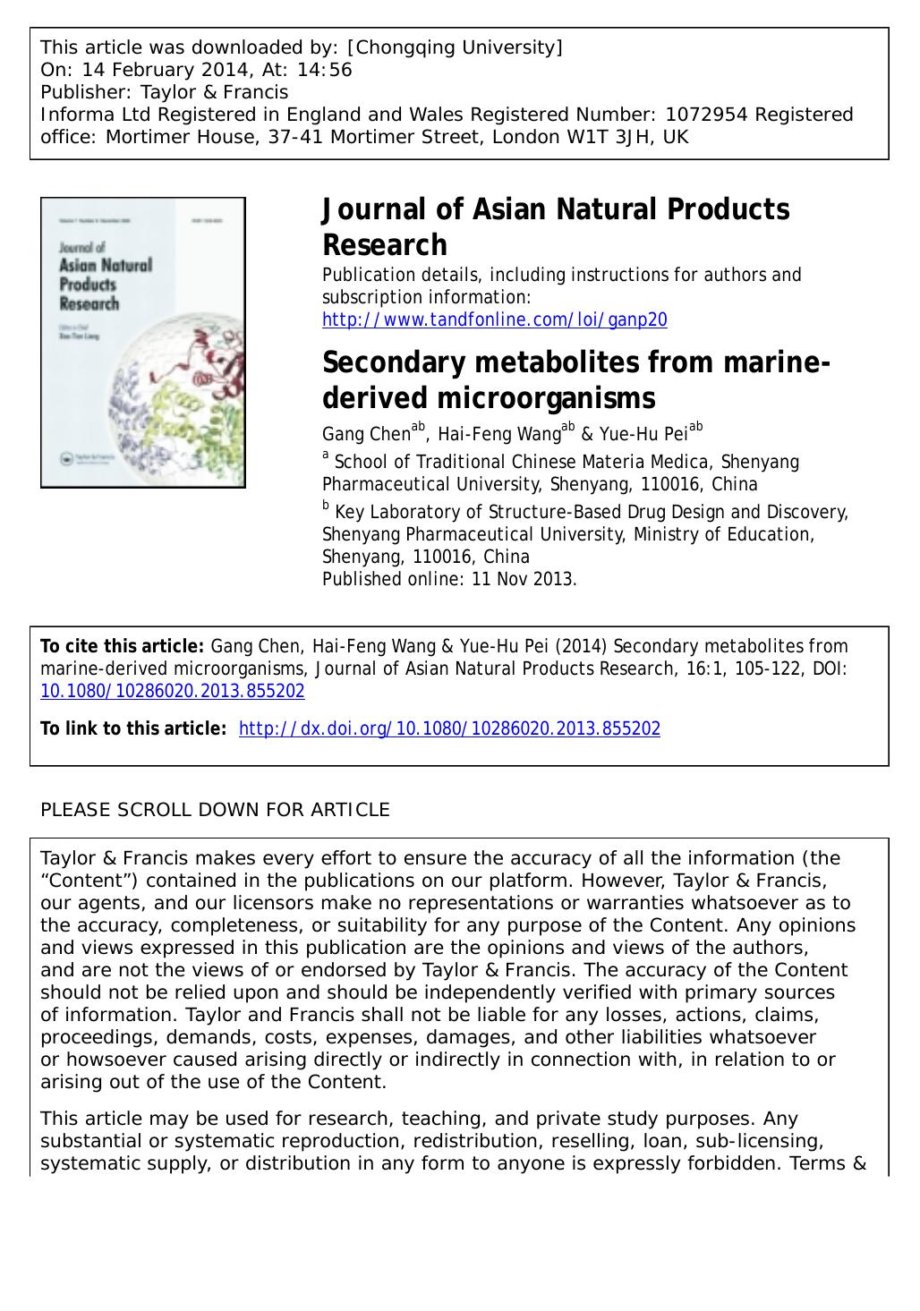 Secondary metabolites from marine-derived microorganisms by Gang Chen & Hai-Feng Wang & Yue-Hu Pei