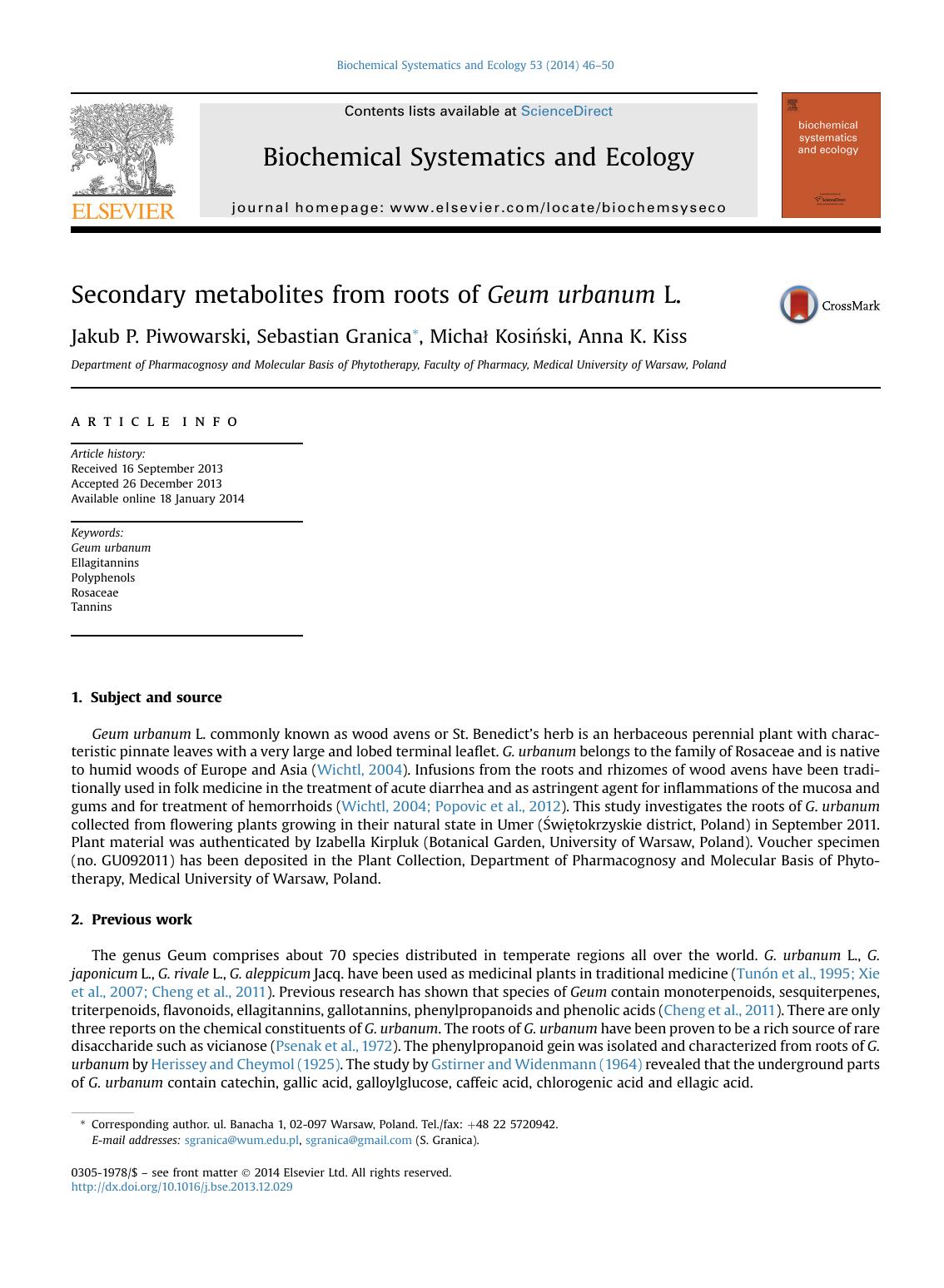 Secondary metabolites from roots of Geum urbanum L. by Jakub P. Piwowarski & Sebastian Granica & Michał Kosiński & Anna K. Kiss