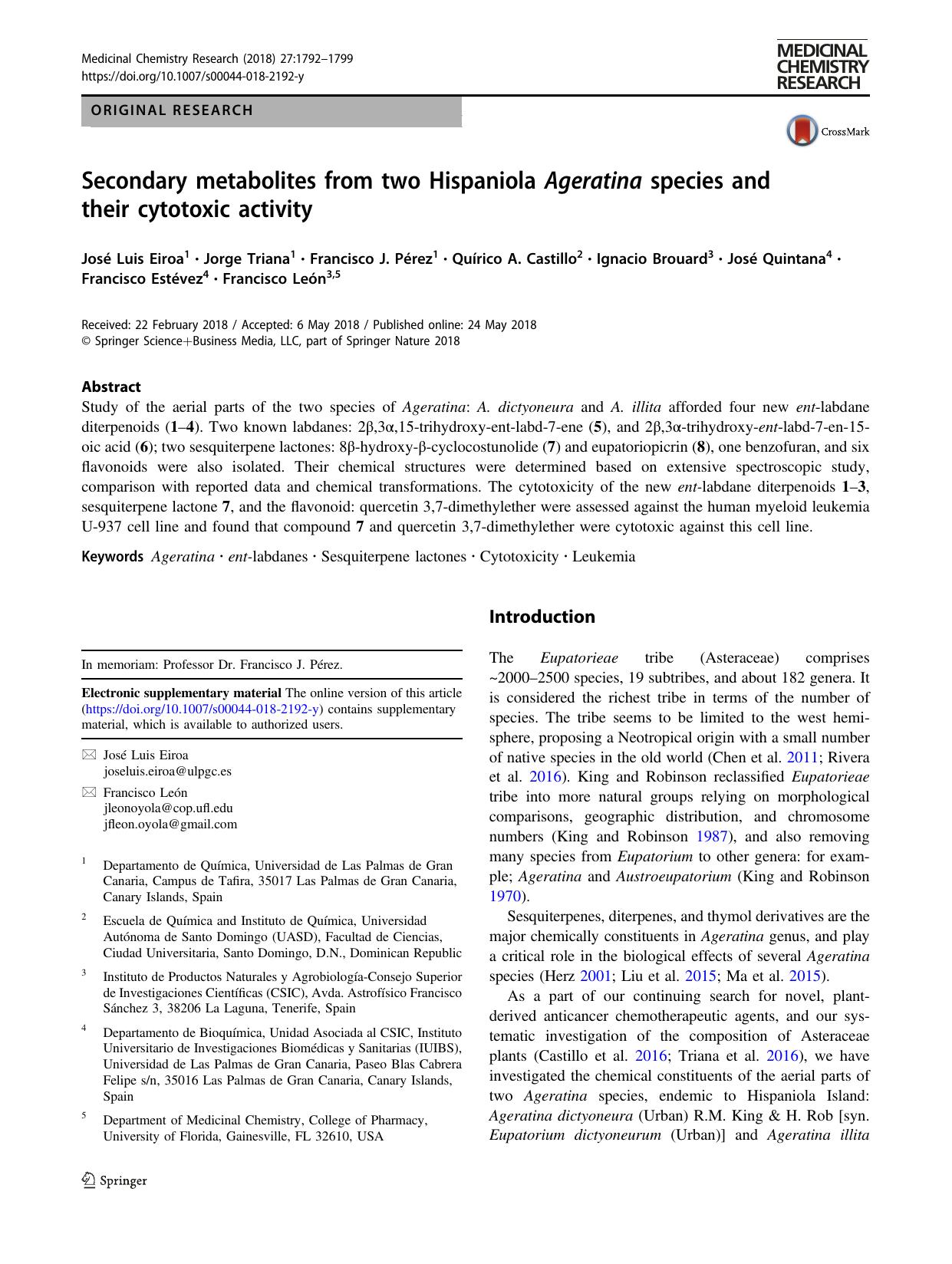 Secondary metabolites from two Hispaniola Ageratina species and their cytotoxic activity by unknow