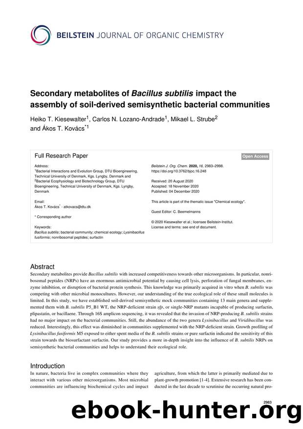 Secondary metabolites of Bacillus subtilis impact the assembly of soil-derived semisynthetic bacterial communities by Heiko T. Kiesewalter Carlos N. Lozano-Andrade Mikael L. Strube Ákos T. Kovács