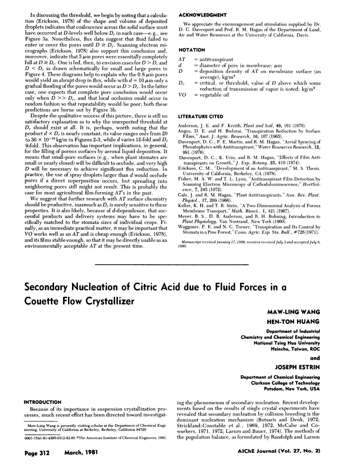 Secondary nucleation of citric acid due to fluid forces in a Couette flow crystallizer by Unknown