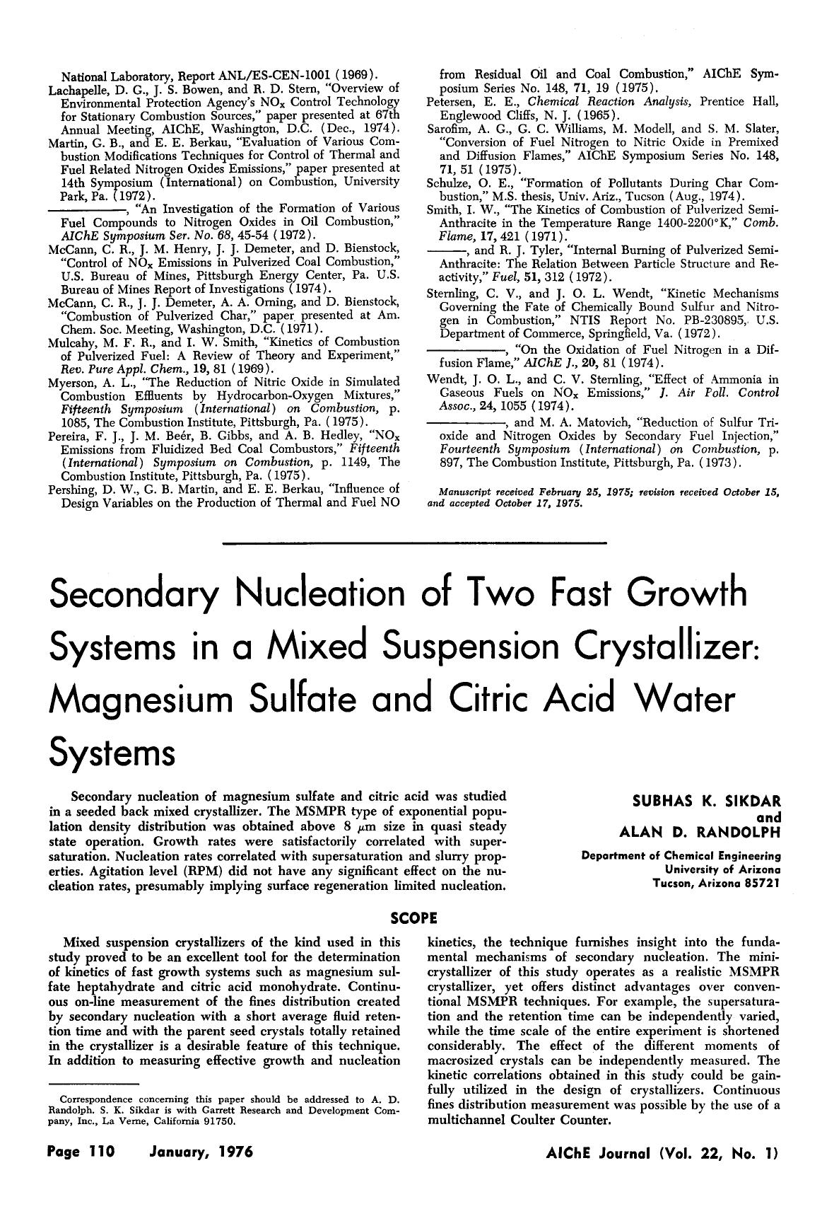 Secondary nucleation of two fast growth systems in a mixed suspension crystallizer: Magnesium sulfate and citric acid water systems by Unknown