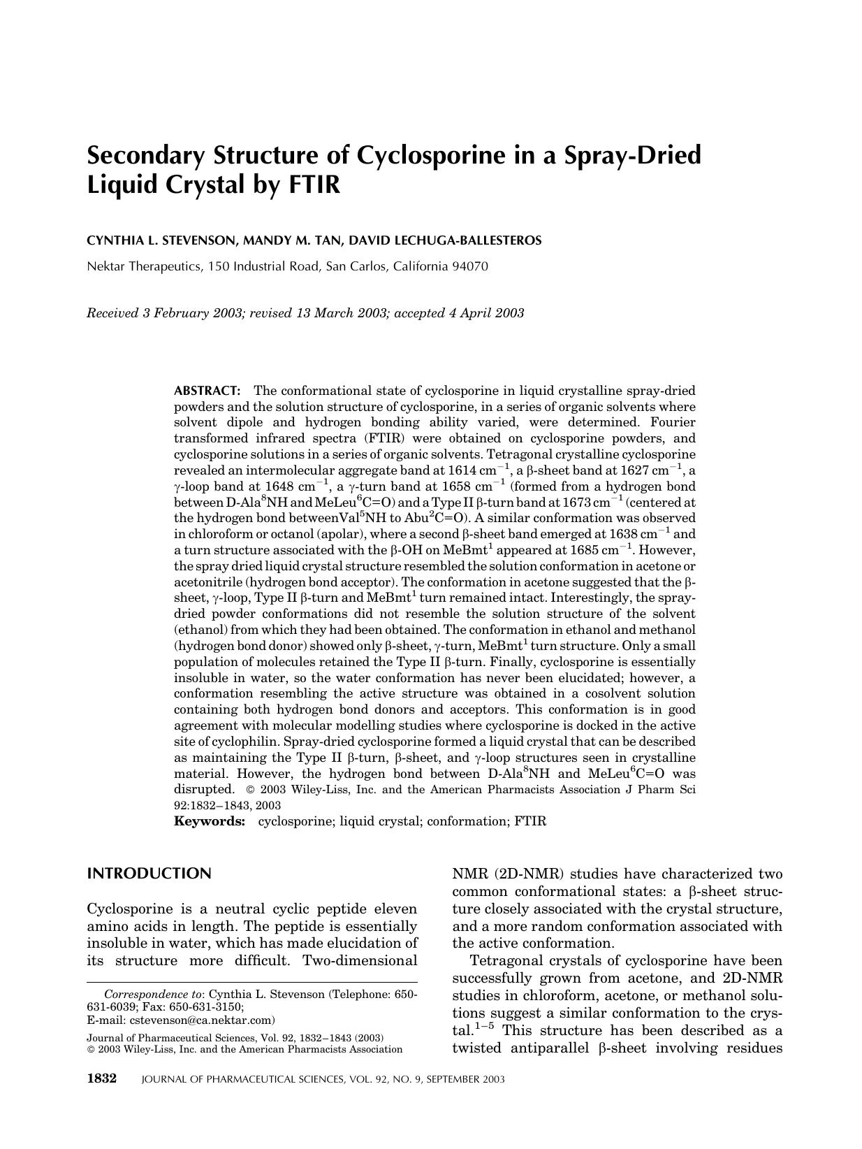 Secondary structure of cyclosporine in a spray-dried liquid crystal by FTIR by Unknown