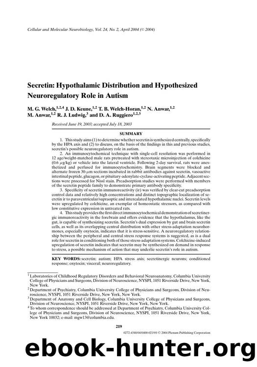 Secretin: Hypothalamic Distribution and Hypothesized Neuroregulatory Role in Autism by Unknown