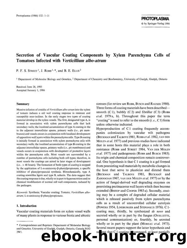Secretion of vascular coating components by xylem parenchyma cells of tomatoes infected with <Emphasis Type="Italic">Verticillium albo-atrum <Emphasis> by Unknown