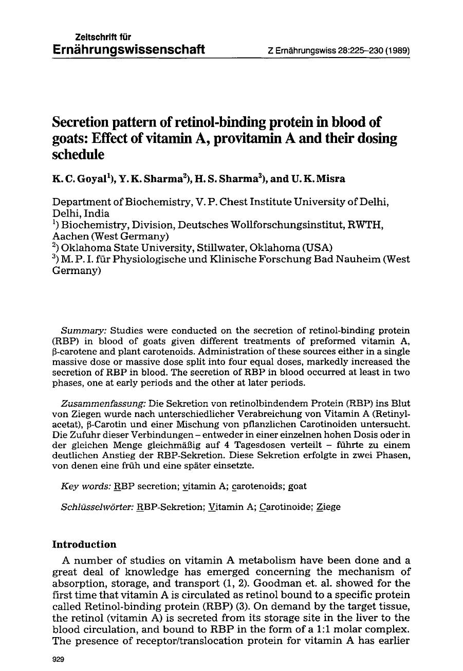 Secretion pattern of retinol-binding protein in blood of goats: Effect of vitamin A, provitamin A and their dosing schedule by Unknown