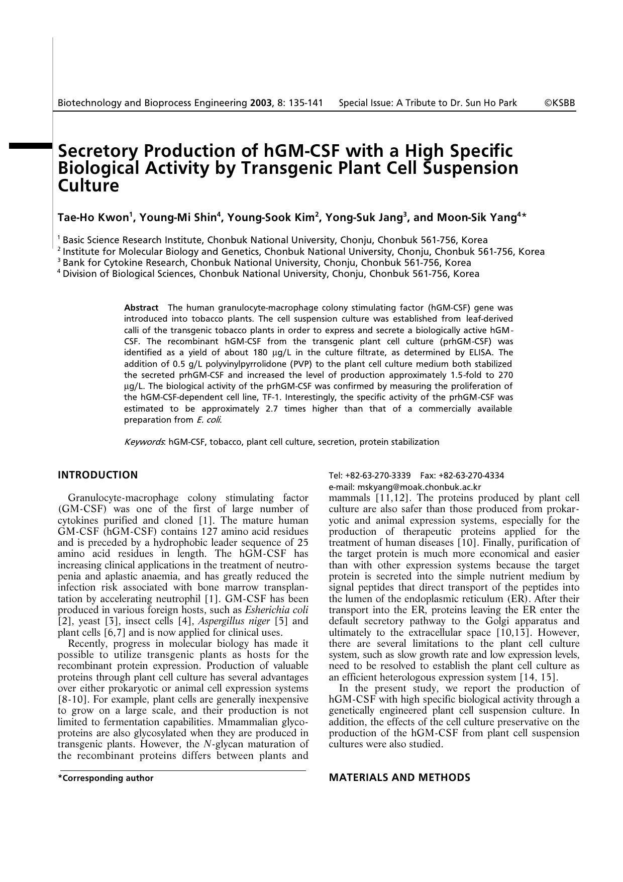 Secretory production of hGM-CSF with a high specific biological activity by transgenic plant cell suspension culture by Unknown