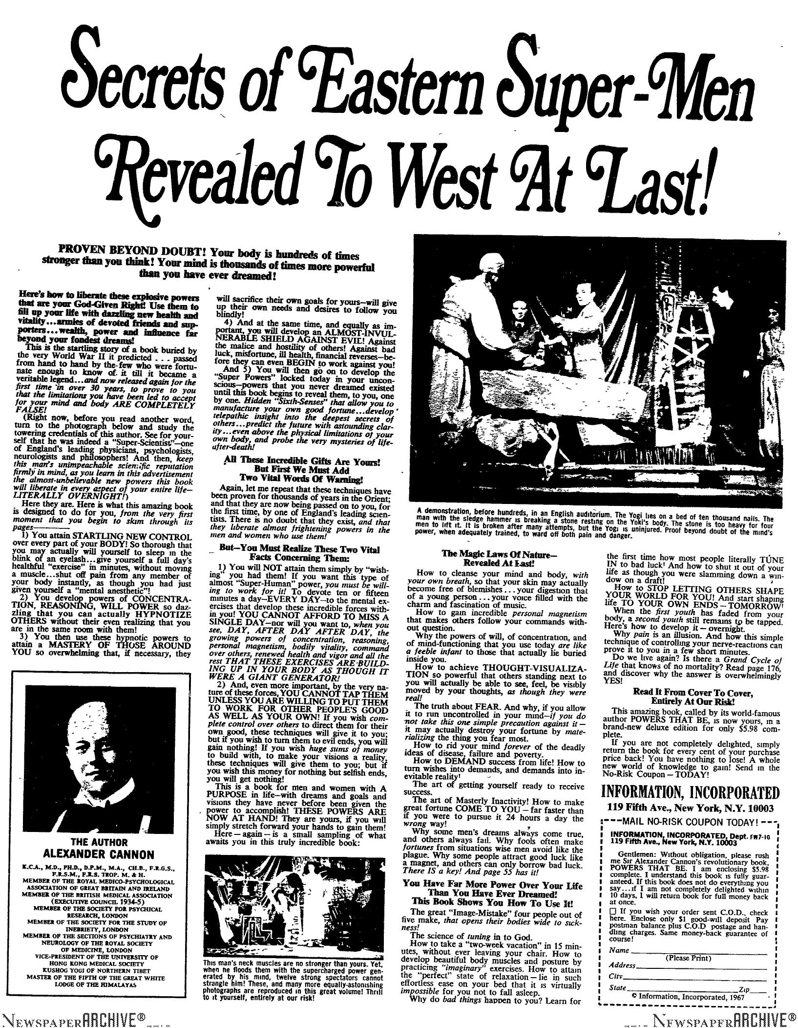 Secrets Of Eastern Super-Men Revealed To West At Last by Copyright 2005 Heritage Microfilm Inc. & Newspaperarchive.com