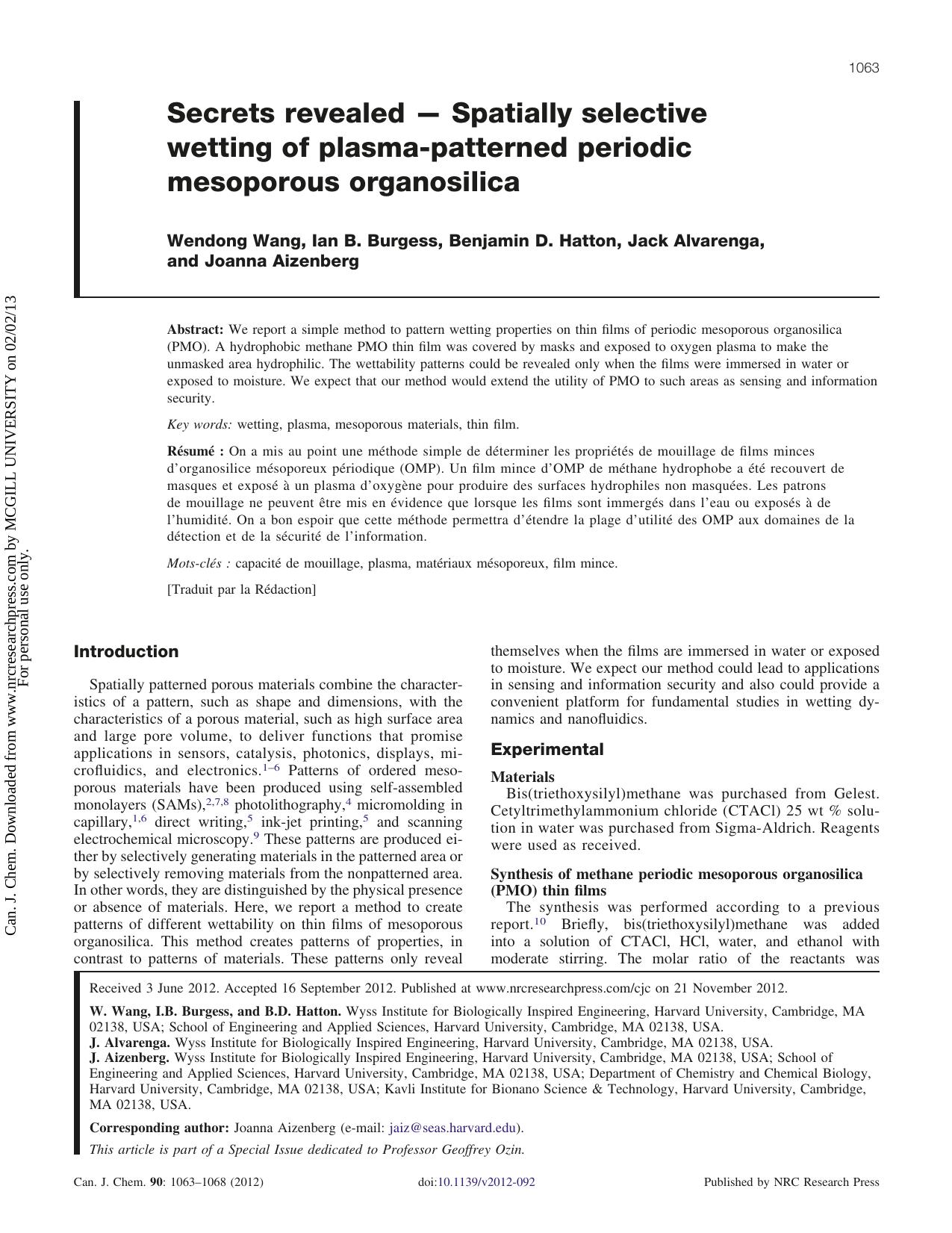 Secrets revealed — Spatially selective wetting of plasma-patterned periodic mesoporous organosilica by Wendong Wang Ian B. Burgess Benjamin D. Hatton Jack Alvarenga Joanna Aizenberg