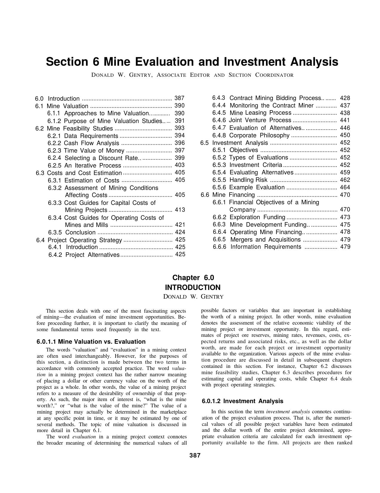 Section 6 Mine Evaluation and Investment Analysis by Society for Mining Metallurgy & Exploration Inc