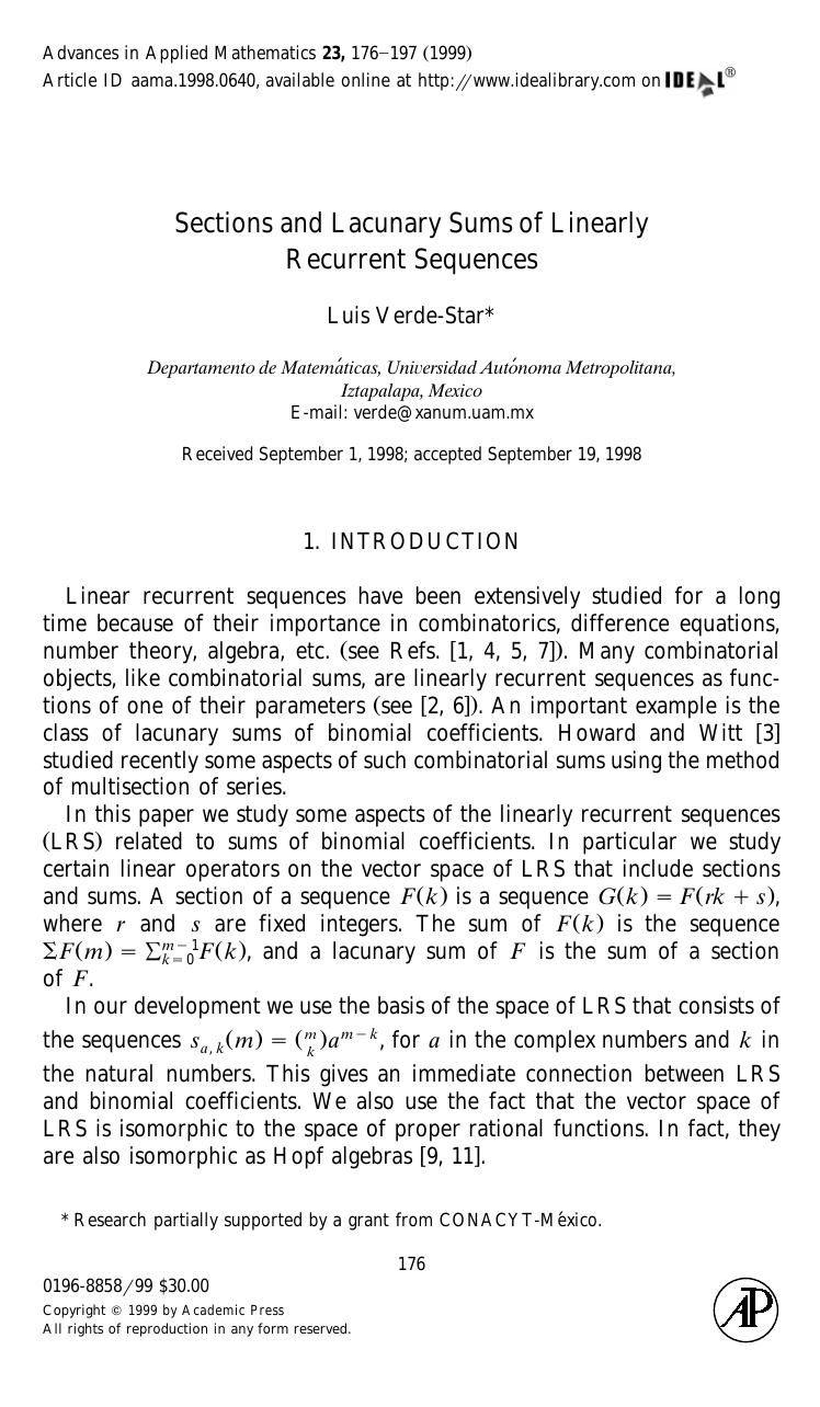 Sections and Lacunary Sums of Linearly Recurrent Sequences by Verde-Star L