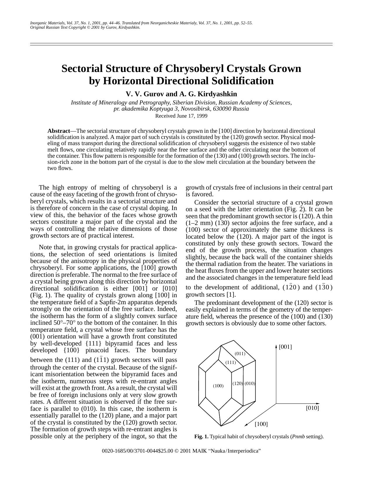 Sectorial Structure of Chrysoberyl Crystals Grown by Horizontal Directional Solidification by Unknown