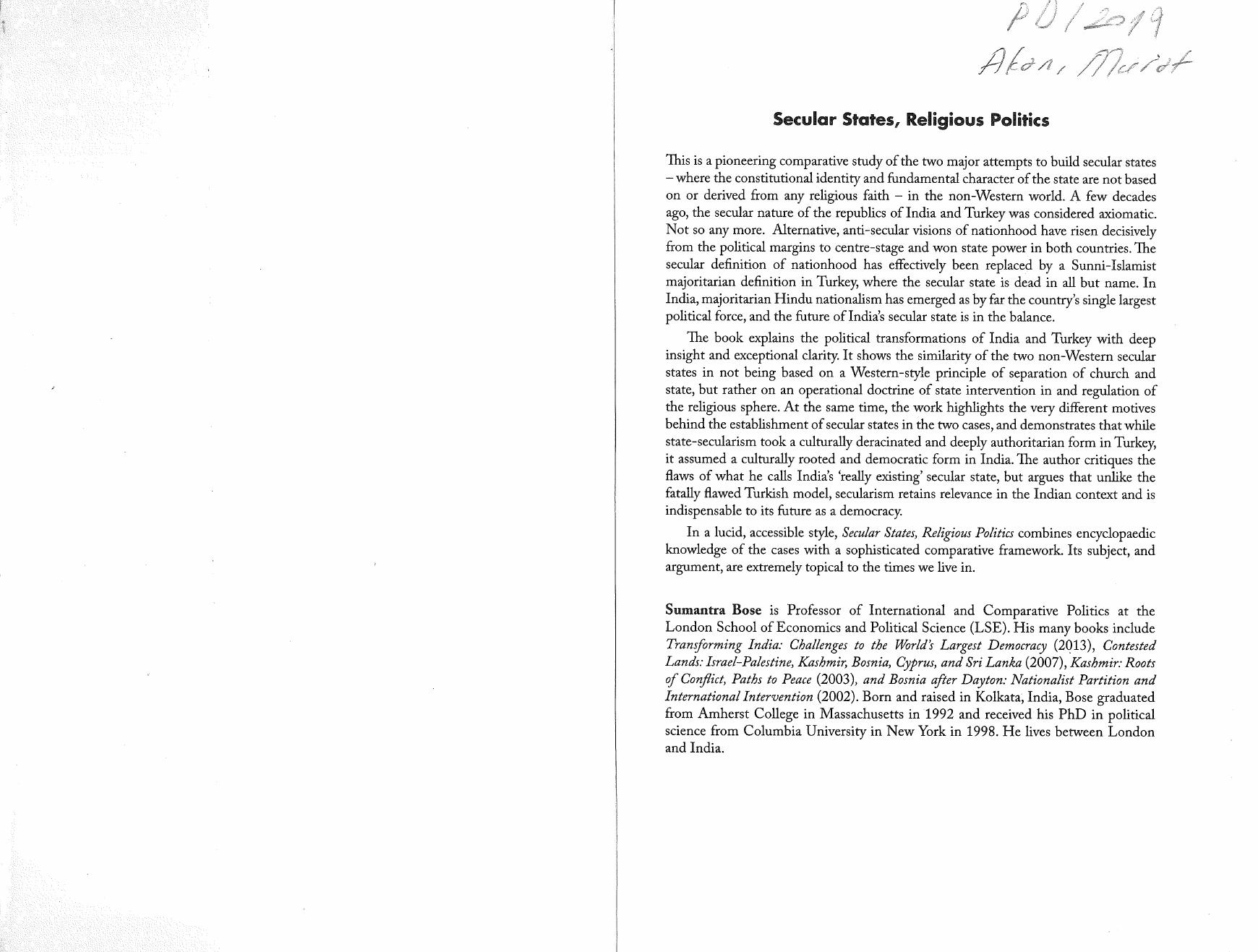 Secular States, Religious Politics: India, Turkey, And The Future Of Secularism by Sumantra Bose