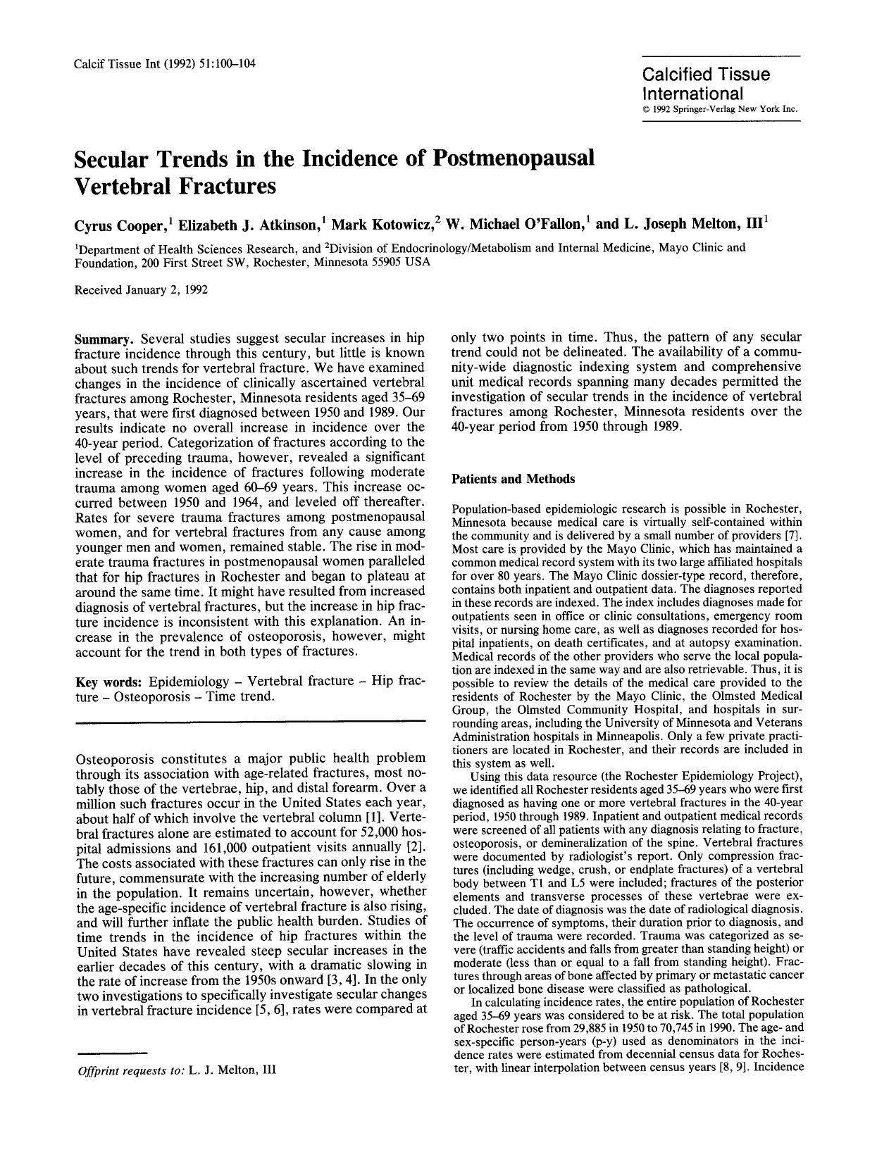 Secular trends in the incidence of postmenopausal vertebral fractures by Unknown