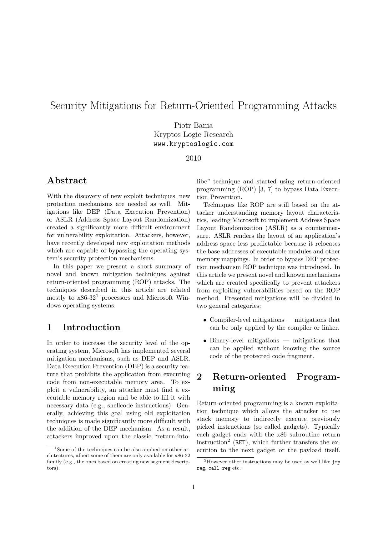 Security Mitigations for Return-Oriented Programming Attacks by Piotr Bania