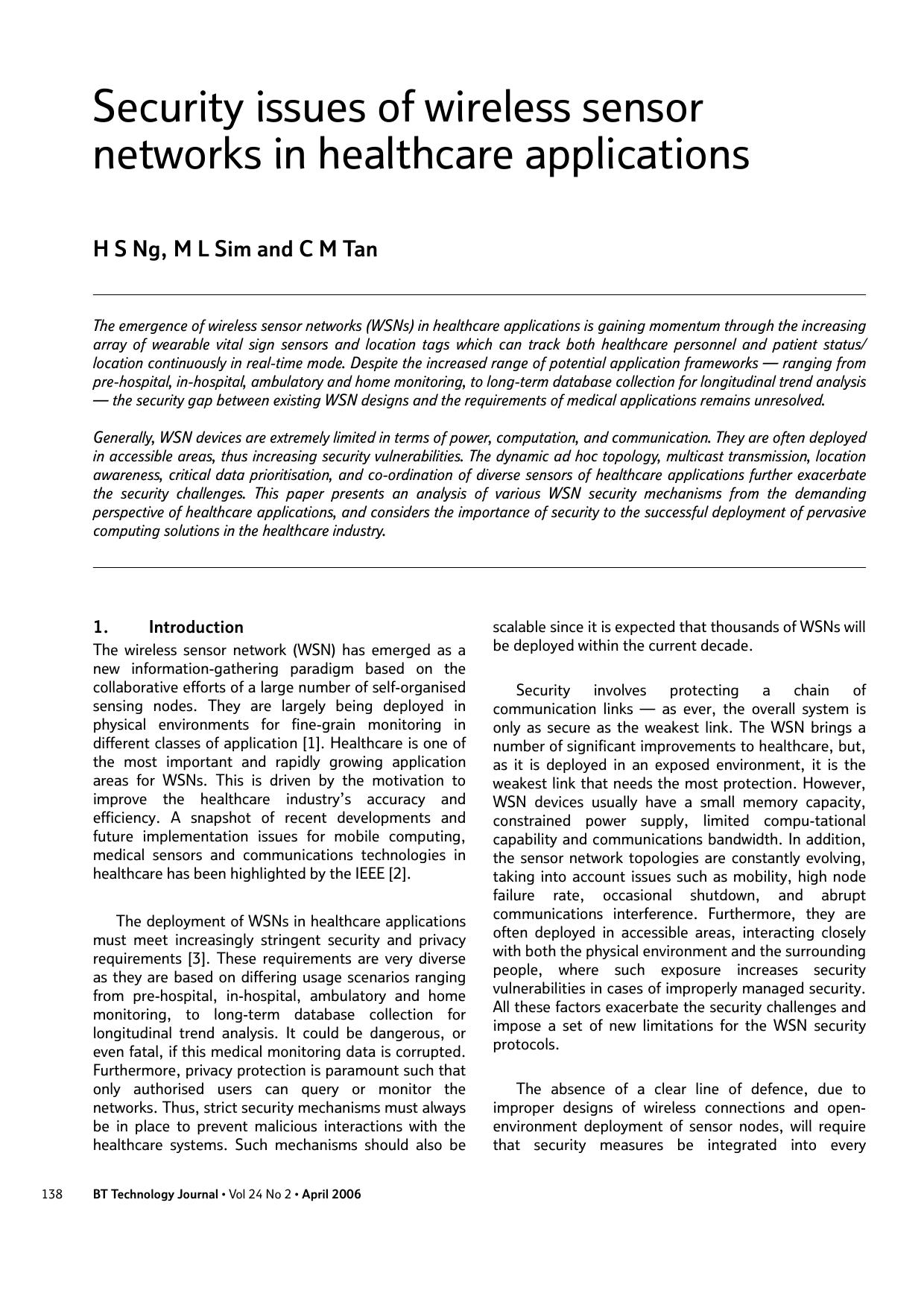 Security issues of wireless sensor networks in healthcare applications by Unknown