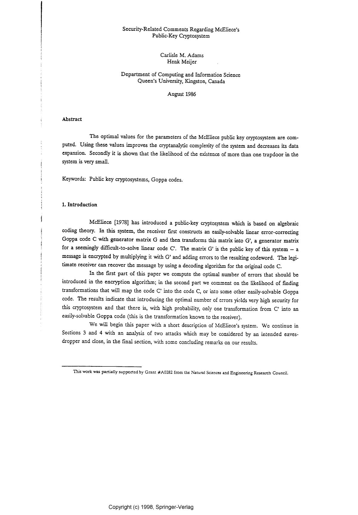 Security-related comments regarding McEliece's public-key cryptosystem by Adams C. M. & Meijer H