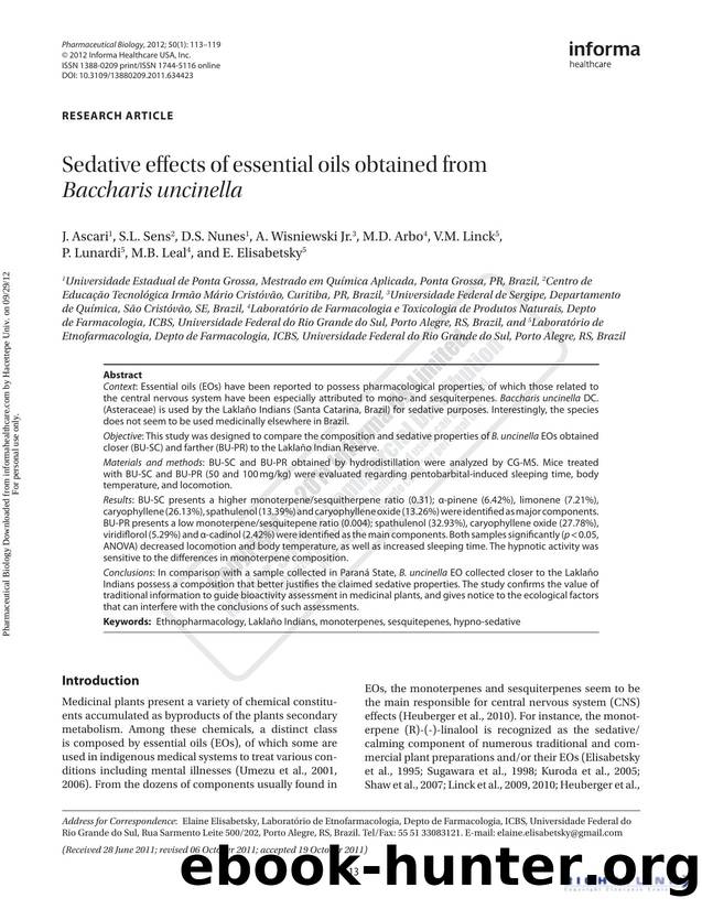 Sedative effects of essential oils obtained from Baccharis uncinella by unknow