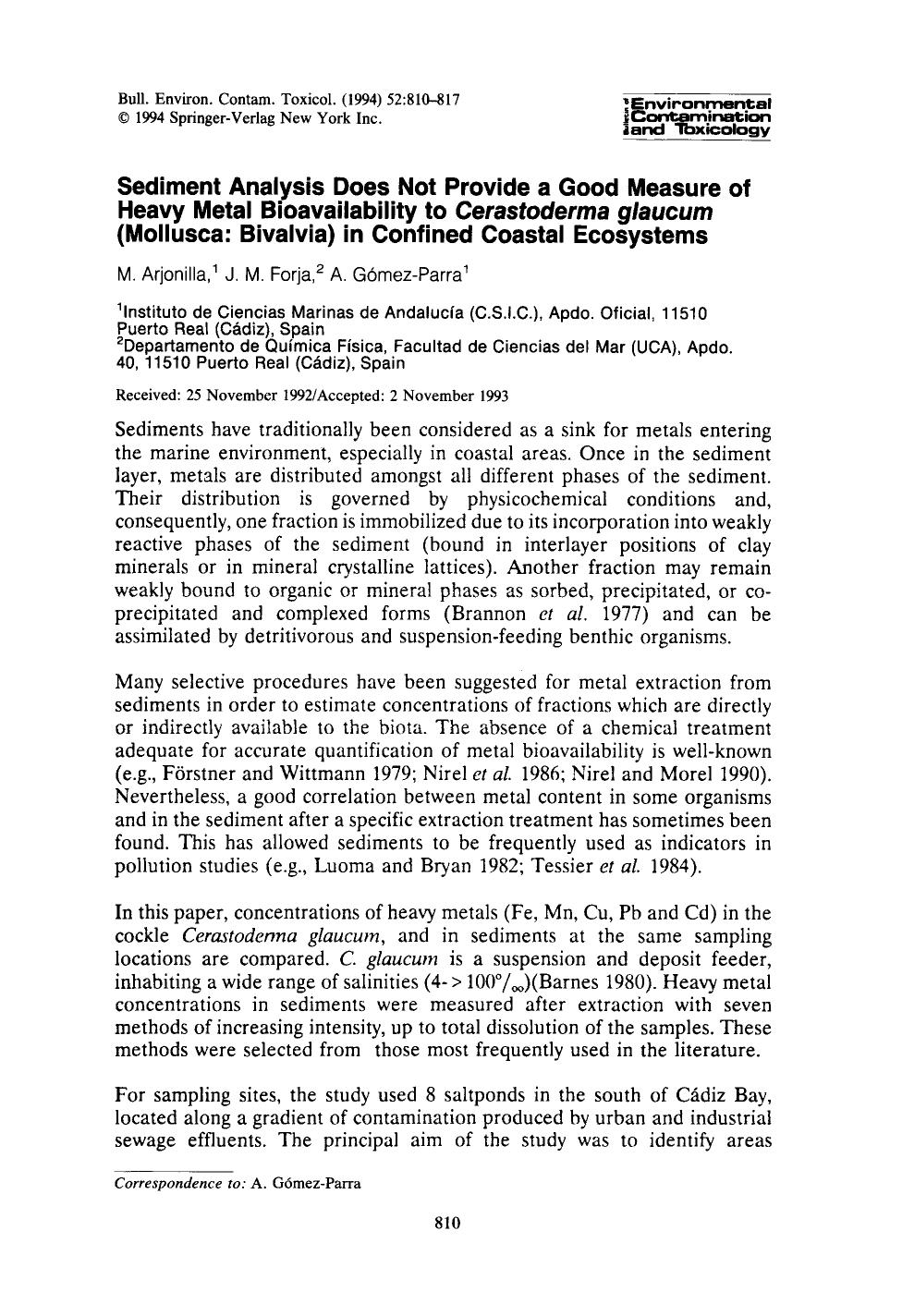 Sediment analysis does not provide a good measure of heavy metal bioavailability to <Emphasis Type="Italic">Cerastoderma glaucum<Emphasis> (Mollusca: Bivalvia) in confined coastal ecosystems by Unknown