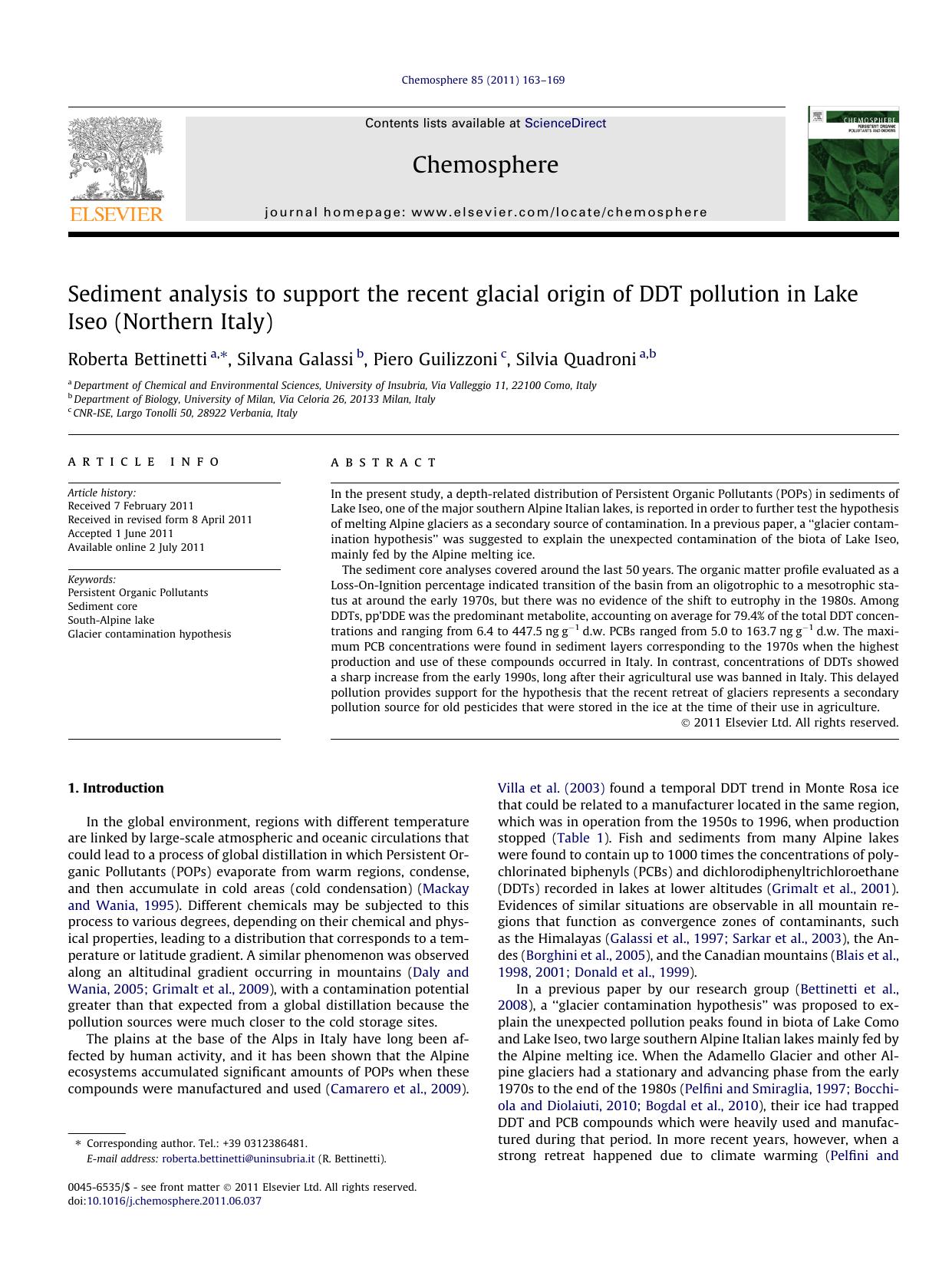 Sediment analysis to support the recent glacial origin of DDT pollution in Lake Iseo (Northern Italy) by Roberta Bettinetti & Silvana Galassi & Piero Guilizzoni & Silvia Quadroni