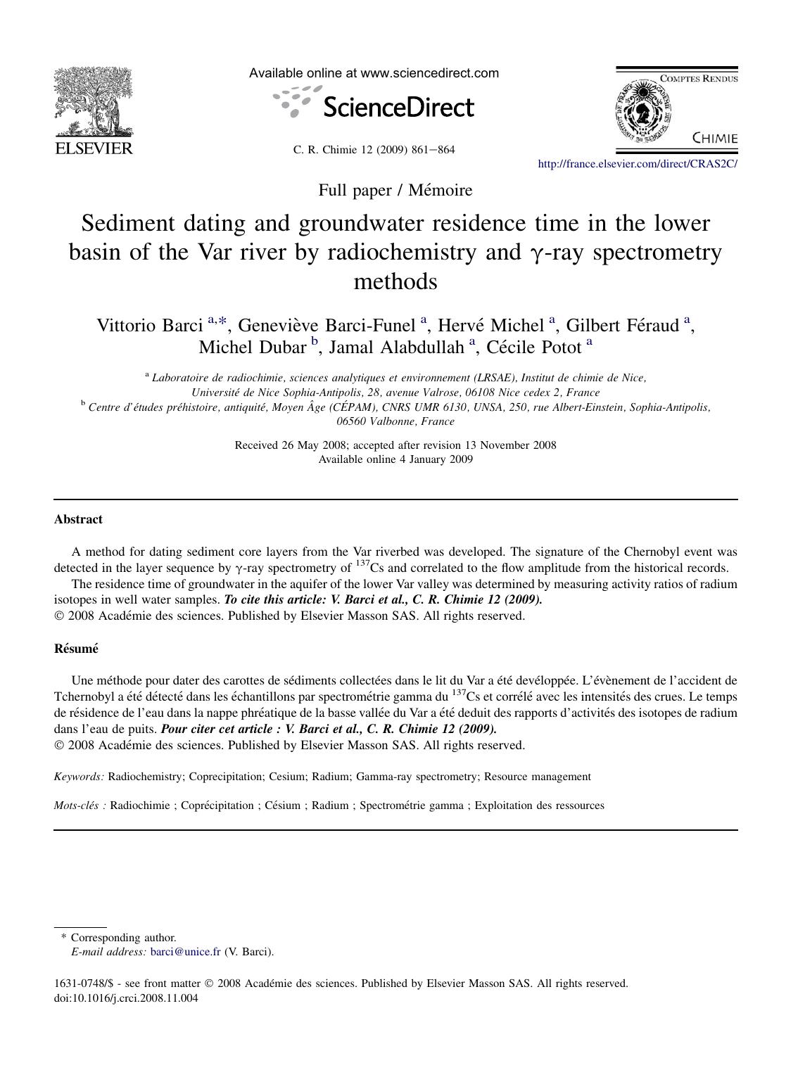 Sediment dating and groundwater residence time in the lower basin of the Var river by radiochemistry and &gamma;-ray spectrometry methods by unknow