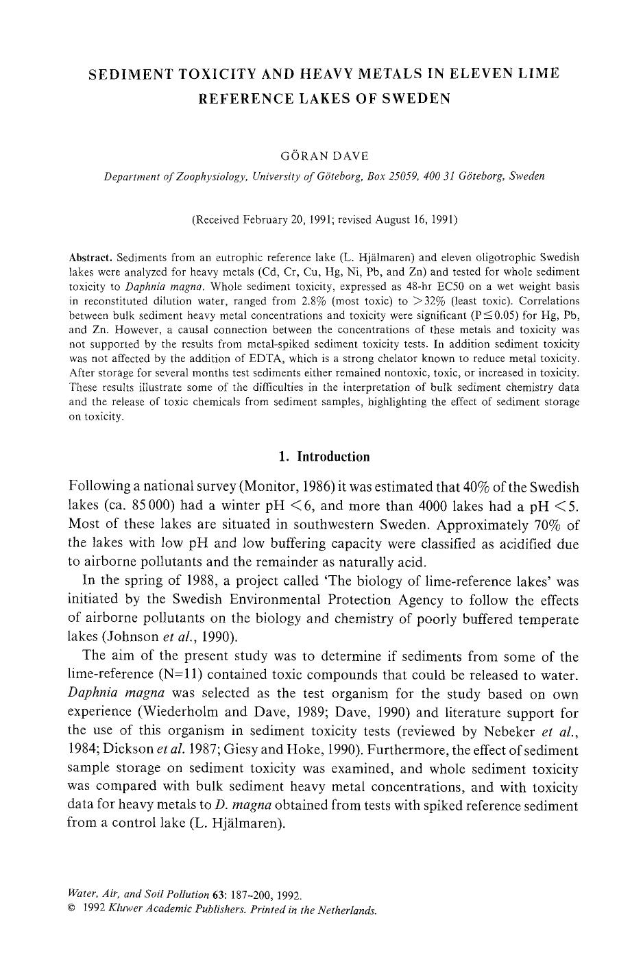 Sediment toxicity and heavy metals in eleven lime reference lakes of Sweden by Unknown