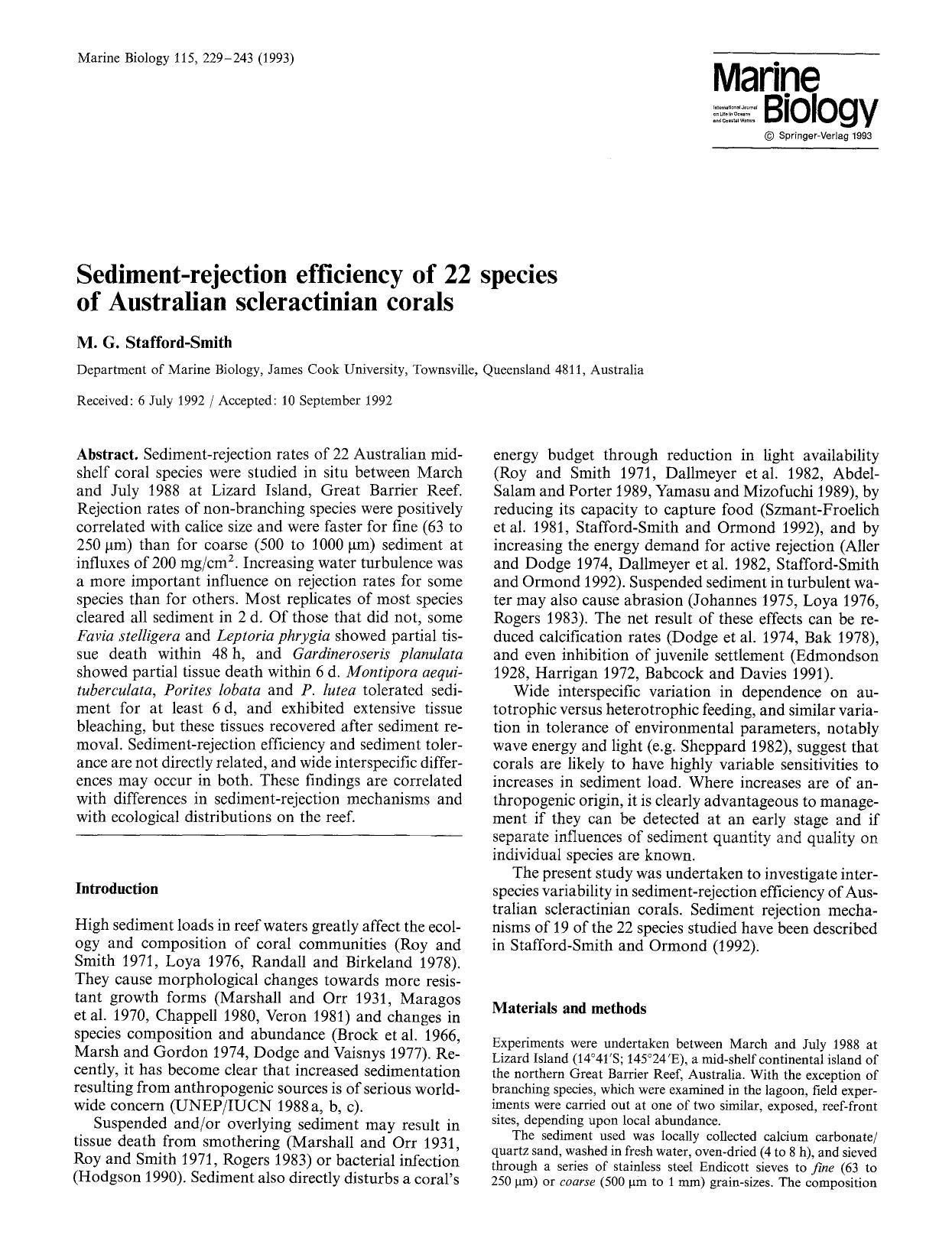 Sediment-rejection efficiency of 22 species of Australian scleractinian corals by Unknown