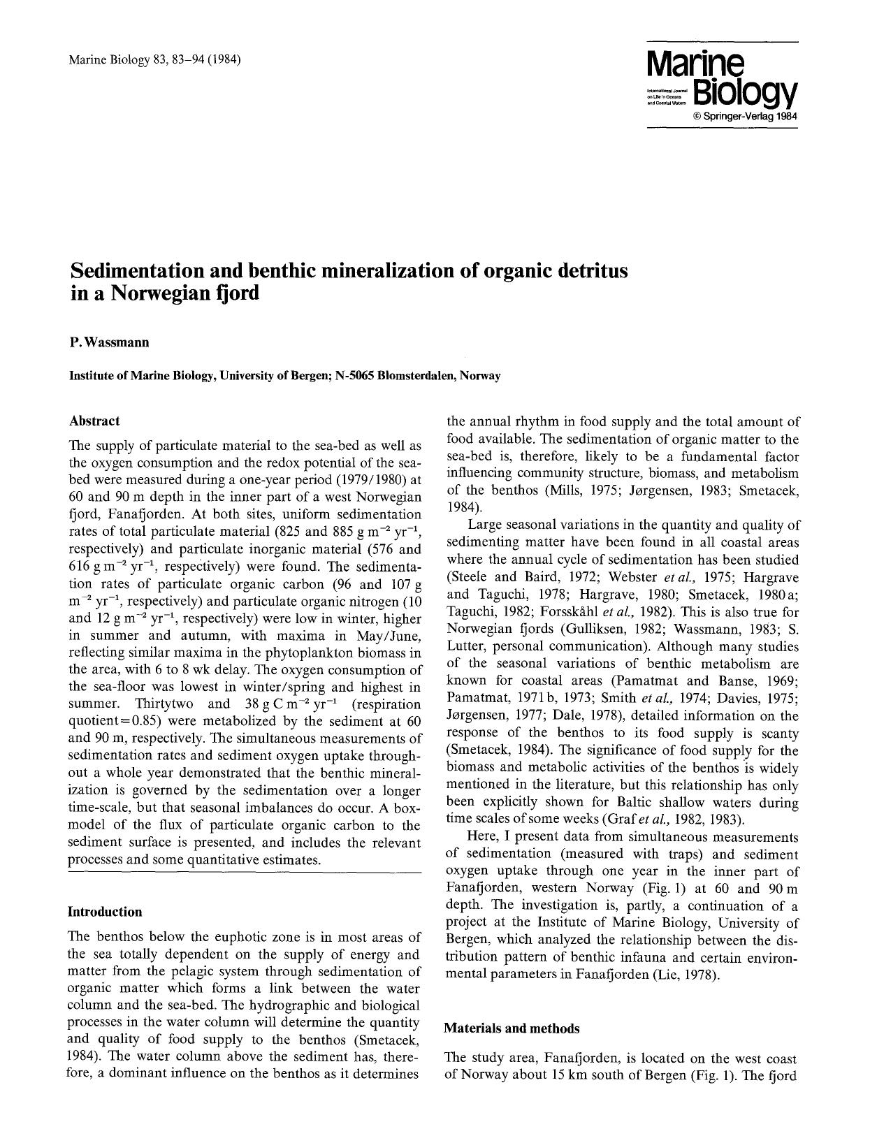 Sedimentation and benthic mineralization of organic detritus in a Norwegian fjord by Unknown