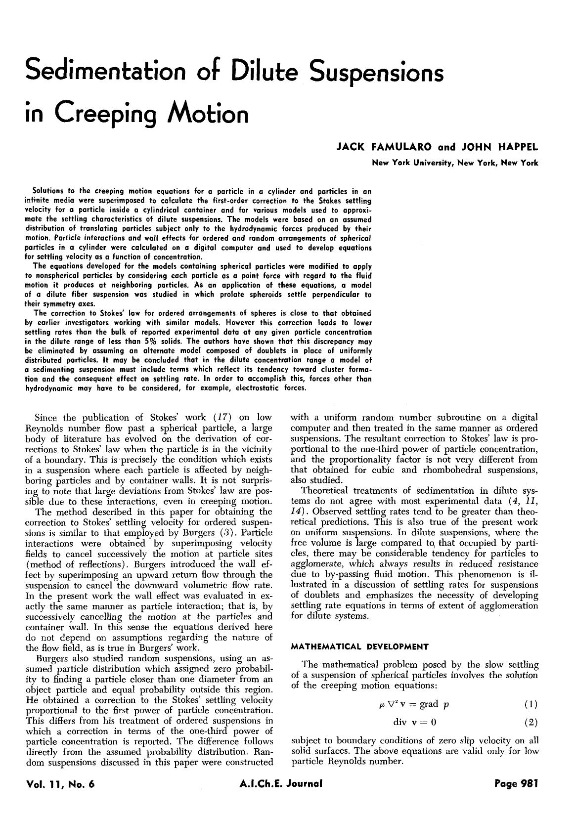 Sedimentation of dilute suspensions in creeping motion by Unknown