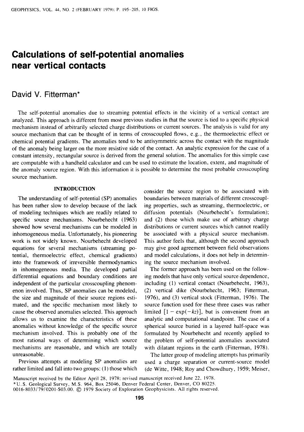 See erratum. Volume 44, Issue 7, Page 1326.Calculations of self-potential anomalies near vertical contacts by Fitterman D. V