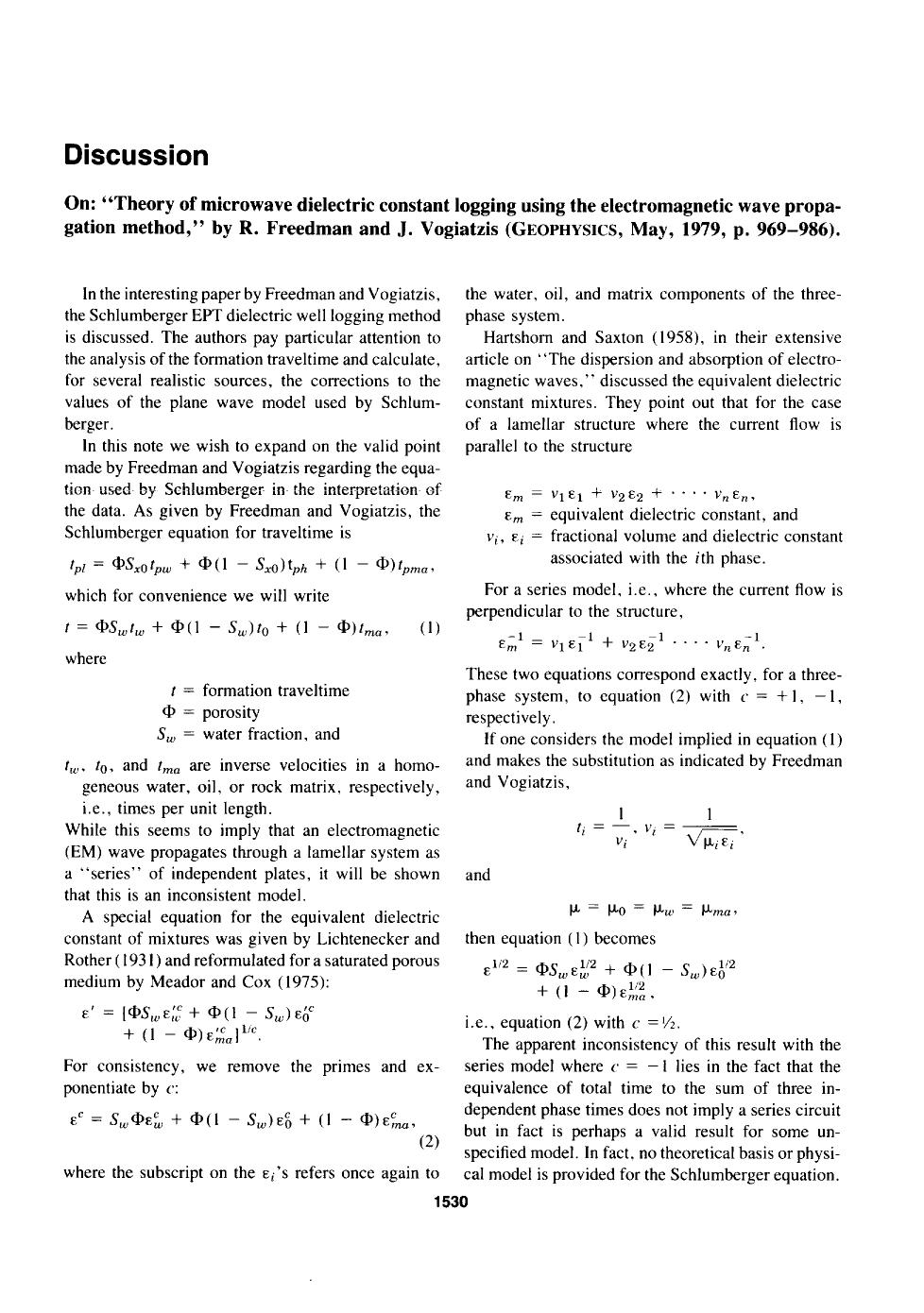 See erratum. Volume 46, Issue 2, Page 236.Theory of microwave dielectric constant logging using the electromagnetic wave propagation method: DISCUSSION by Unknown