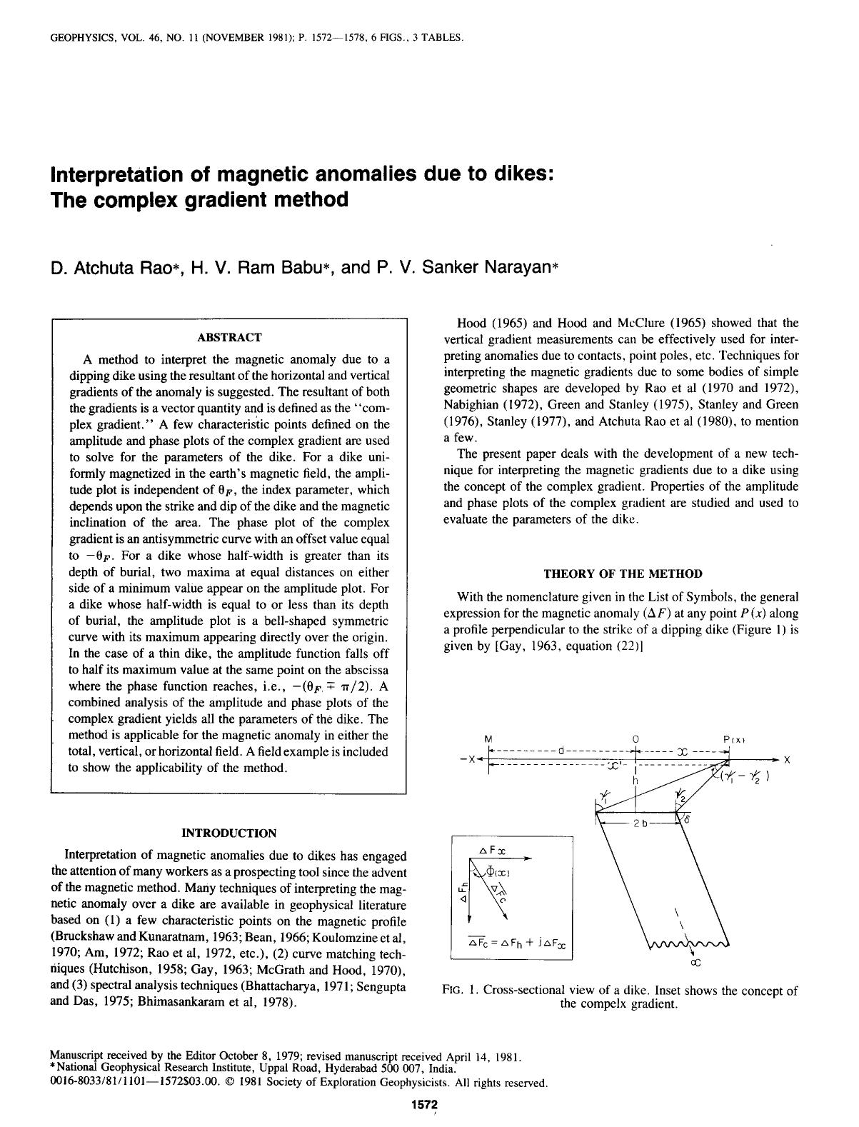 See erratum. Volume 47, Issue 6, Page 973.Interpretation of magnetic anomalies due to dikes: The complex gradient method by Rao D. A.; Babu H. V. R.; Narayan P. V. S