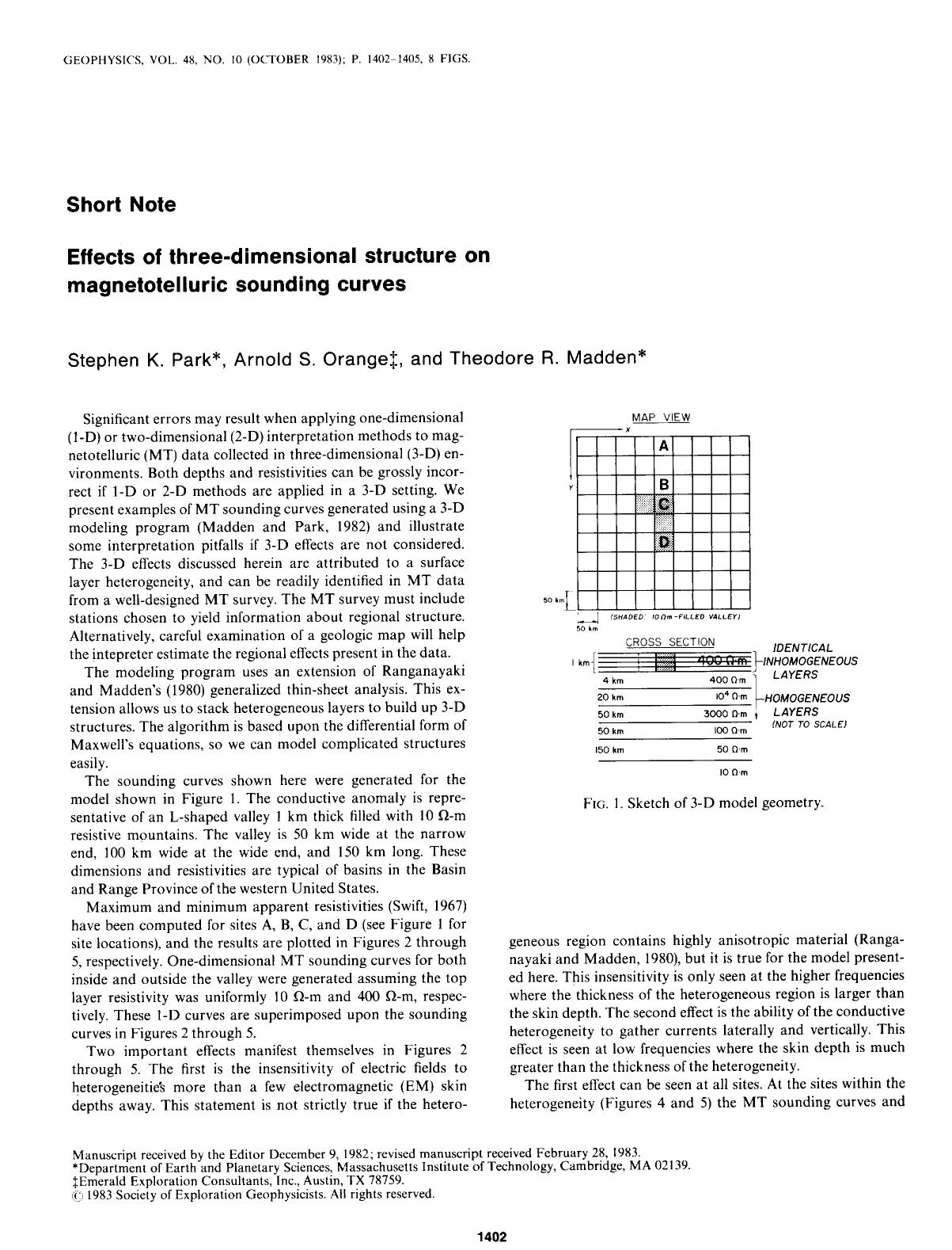 See erratum. Volume 49, Issue 6, Page 847.Effects of three-dimensional structure on magnetotelluric sounding curves: SHORT NOTE by Park S. K.; Orange A. S.; Madden T. R