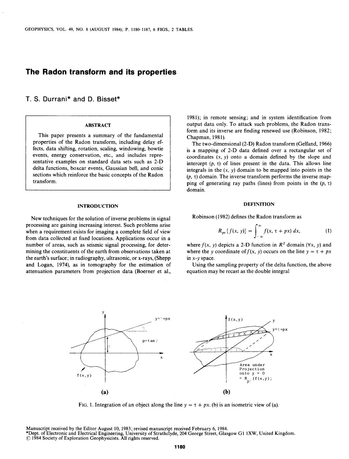 See erratum. Volume 50, Issue 5, Pages 884 - 886.The Radon transform and its properties by Durrani T. S.; Bisset D