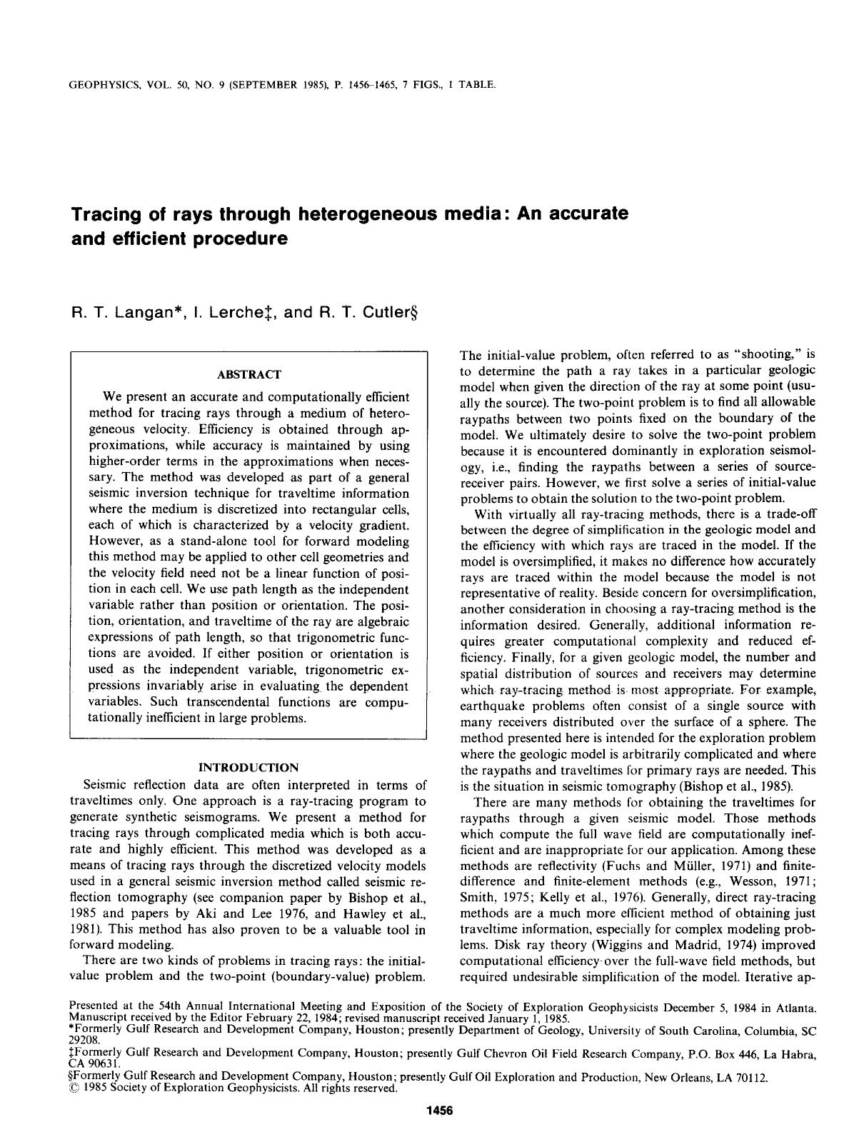 See erratum. Volume 51, Issue 1, Page 210.Tracing of rays through heterogeneous media: An accurate and efficient procedure by Langan R. T.; Lerche I.; Cutler R. T