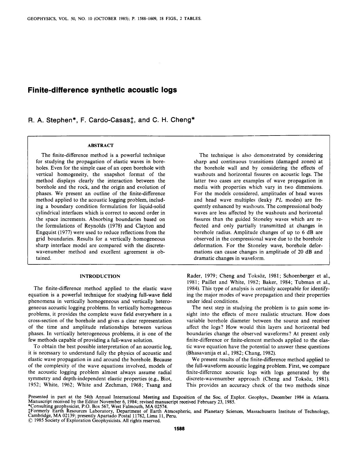 See erratum. Volume 51, Issue 3, Page 879.Finite-difference synthetic acoustic logs by Stephen R. A.; Pardo-Casas F.; Cheng C. H