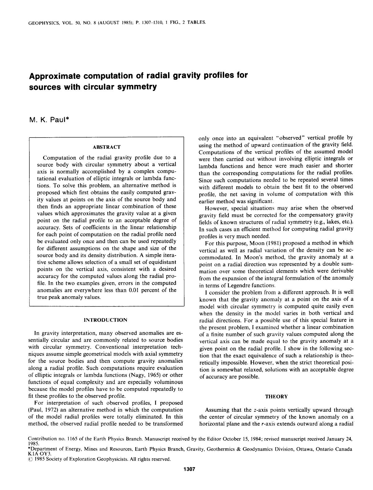 See erratum. Volume 51, Issue 4, Page 1033.Approximate computation of radial gravity profiles for sources with circular symmetry by Paul M. K