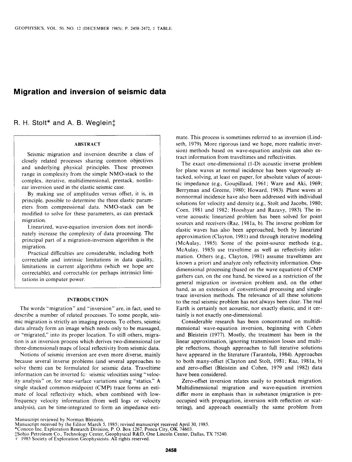 See erratum. Volume 52, Issue 10, Page 1455.Migration and inversion of seismic data by Stolt R. H.; Weglein A. B