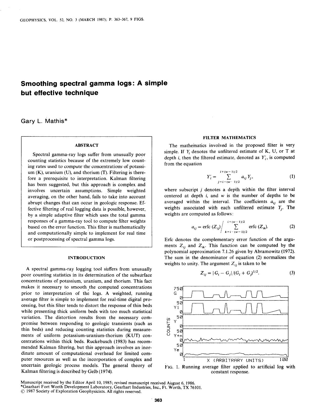 See erratum. Volume 52, Issue 9, Page 1311.Smoothing spectral gamma logs: A simple but effective technique by Mathis G. L