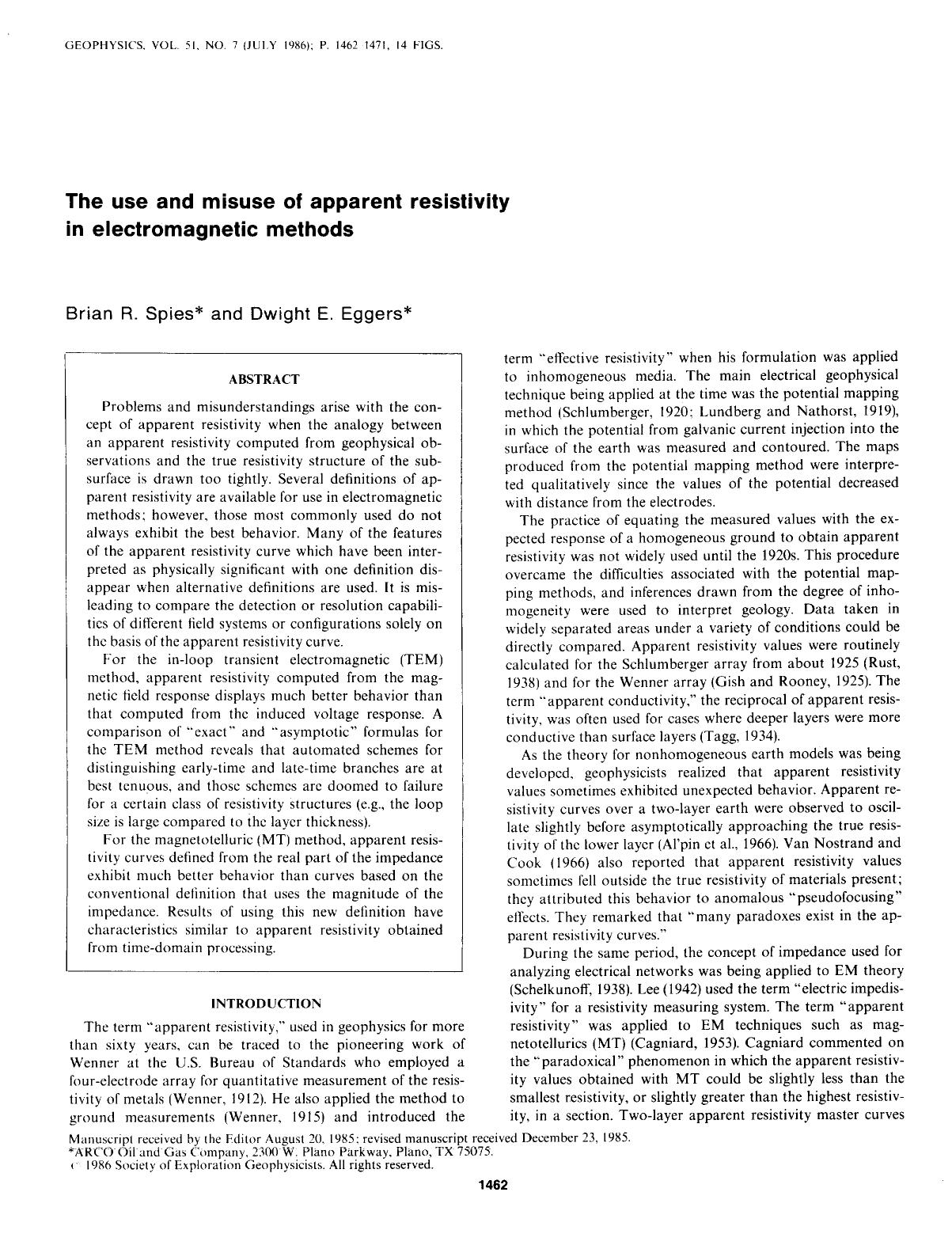 See erratum. Volume 53, Issue 12, Page 1637.The use and misuse of apparent resistivity in electromagnetic methods by Spies B. R.; Eggers D. E